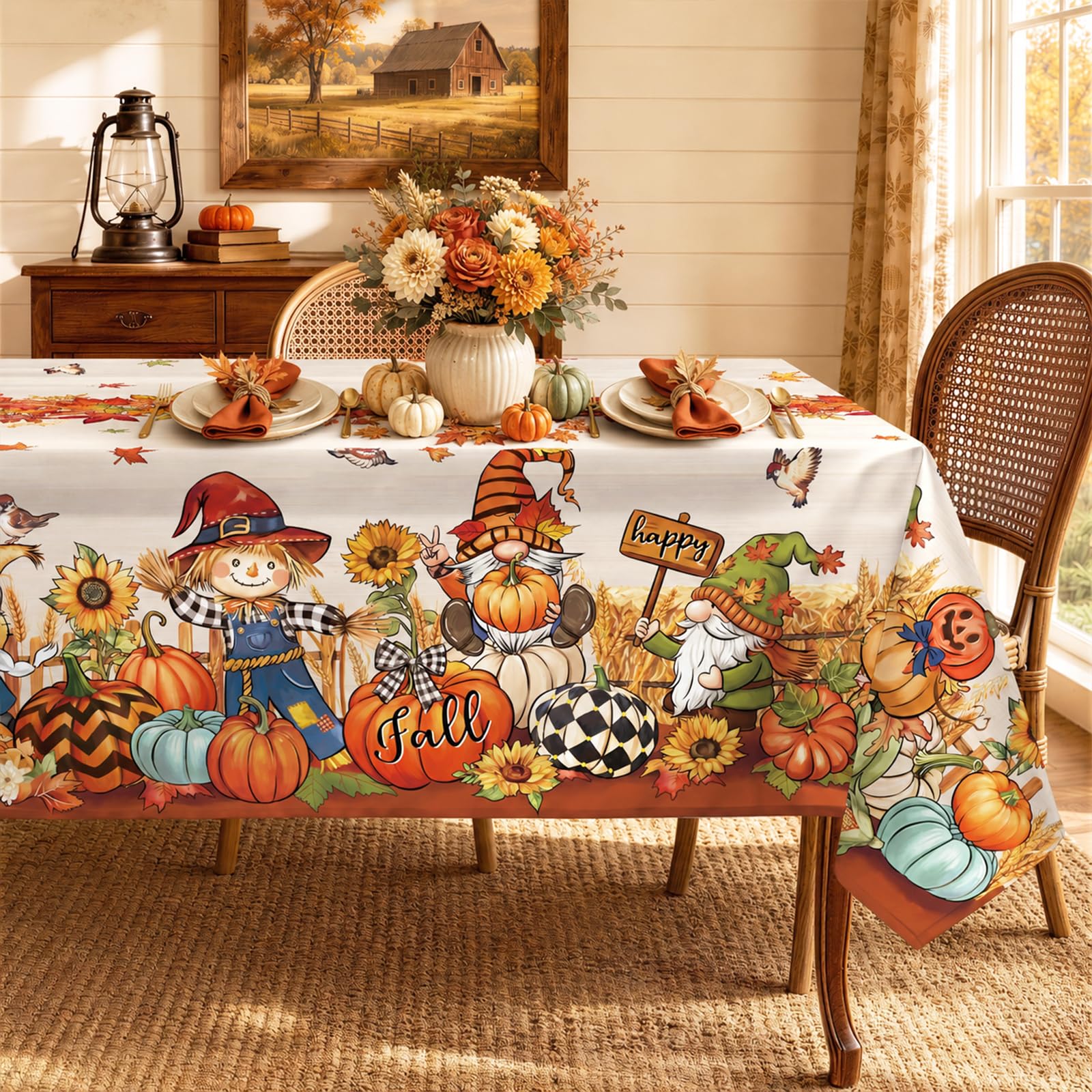 Arquiel Autumn Pumpkin Polyester Tablecloth, Gnome, 152 x 304 cm