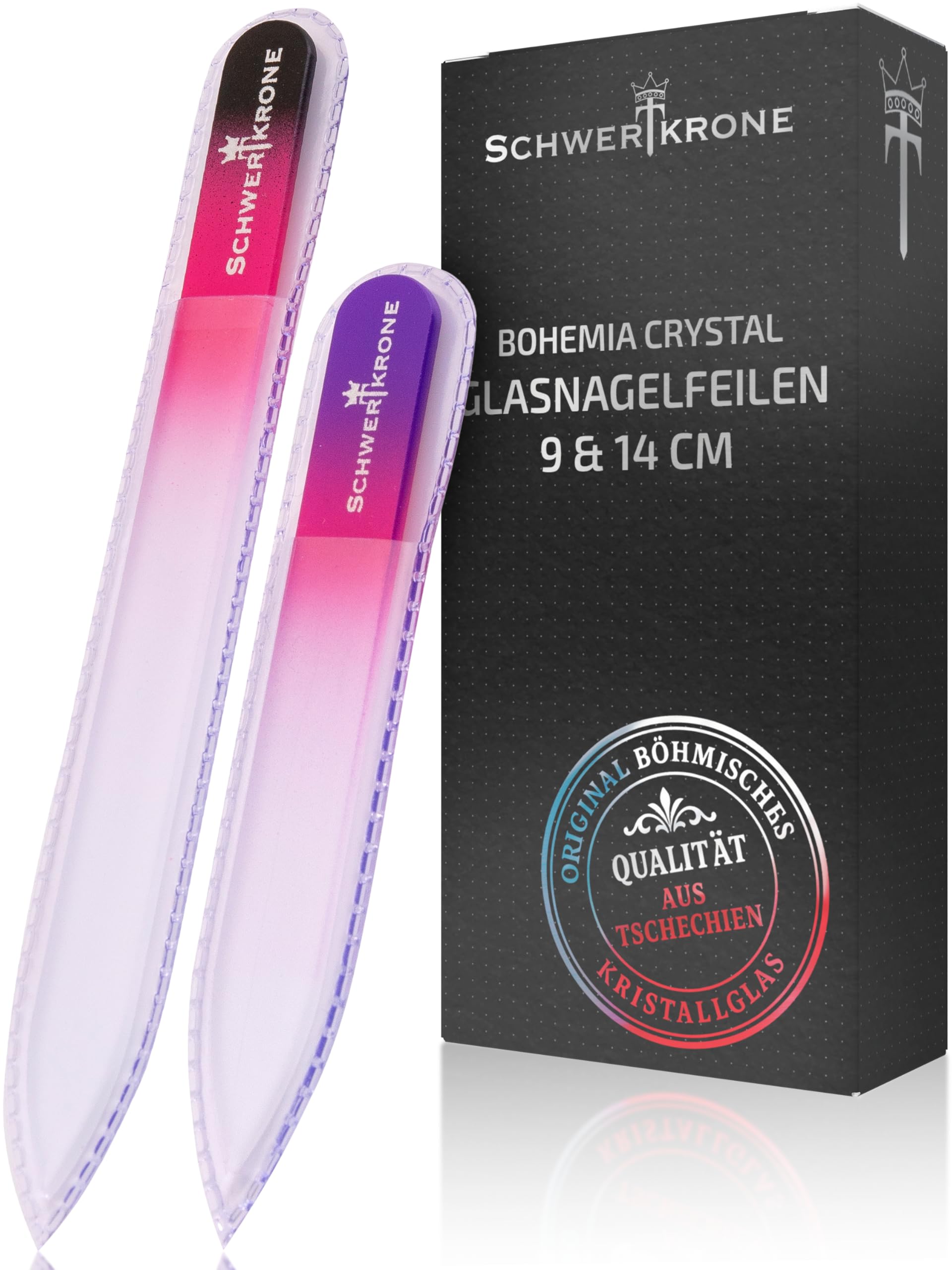 SCHWERTKRONE® 2er Set Glasnagelfeile [ORIGINAL BOHEMIA KRISTALL] - Glasfeile für Nägel hochwertig - Nagelfeile Glas für Naturnägel - Nail File Set Nagel Feilen - Nagelfeile Set 14cm + 9cm doppelseitig