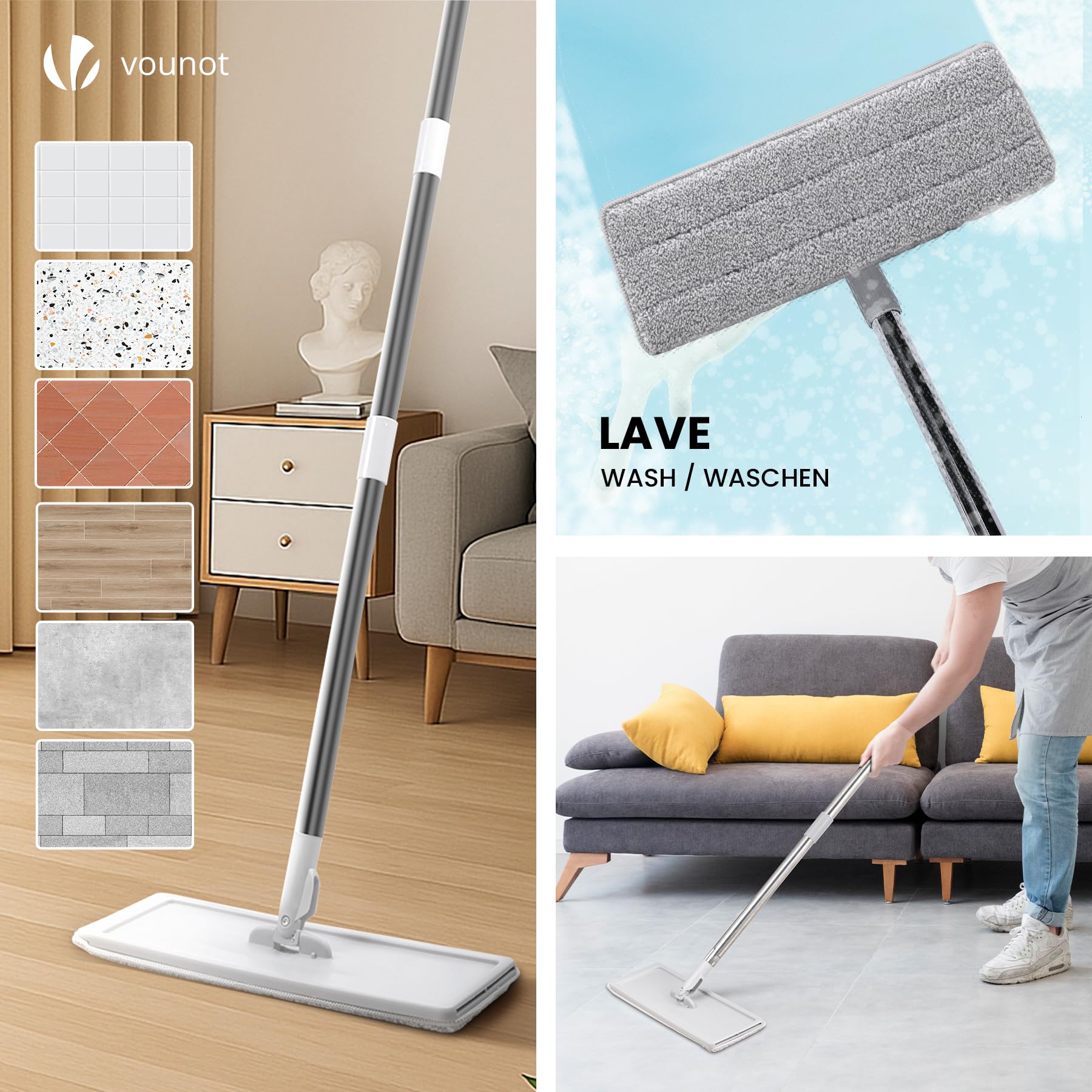 VOUNOT® Juego de Fregona y Cubo Escurridor 2 Compartimentos, Mopa Plana Microfibra con 6 Almohadillas Reutilizables, Trapeador Giratorio 360° Limpieza Suelos Madera, Laminado, Baldosas y Mármol Blanco
