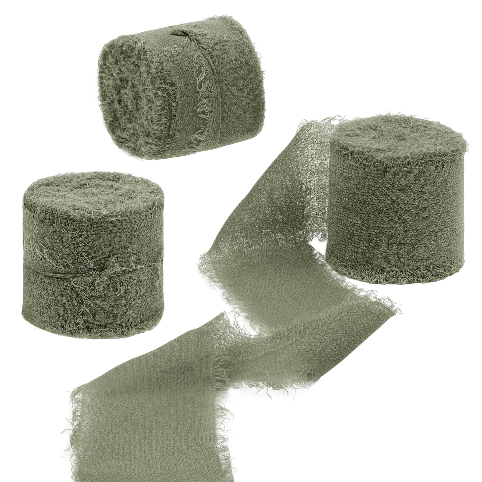 Uiopa 3 Rolls Chiffon Ribbon, 40mm x 15m(16.4 Yards) Frayed Edges Gift Wrapping Ribbon, Olive Green Chiffon Silk Ribbons for Wedding Invitations, Bridal Bouquets, Wreath, Decoration, DIY Crafts