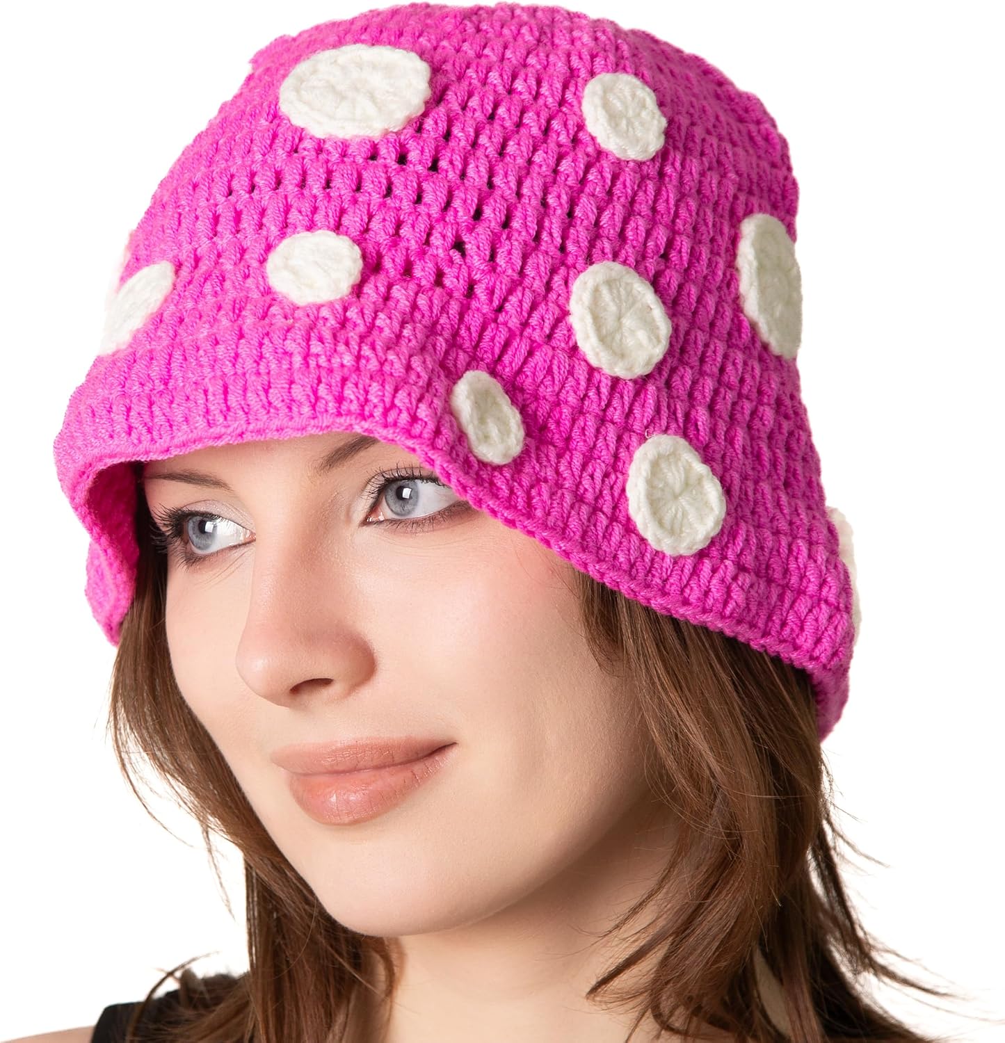 ComfyCamper Womens Knitted Pink and White Mushroom Hat Costume Adults Women Men Cottagecore Cosplay Halloween