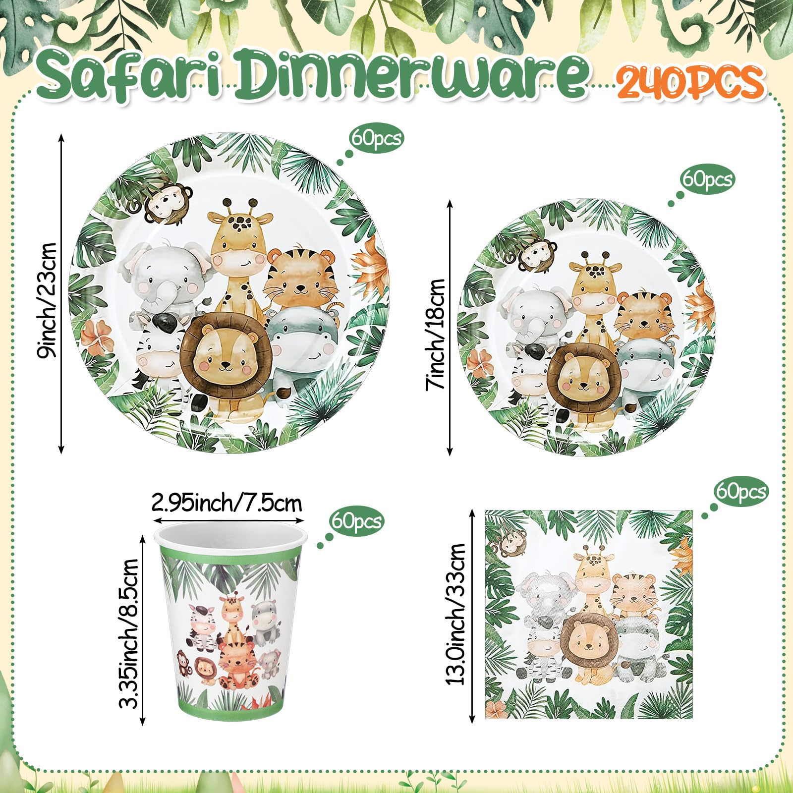 Ziliny Pappteller und Servietten mit Dschungelsafari-Tiermotiv, Einweggeschirr-Set für Babyparty, Safari-Thema, Geburtstagsparty, 240 Stück