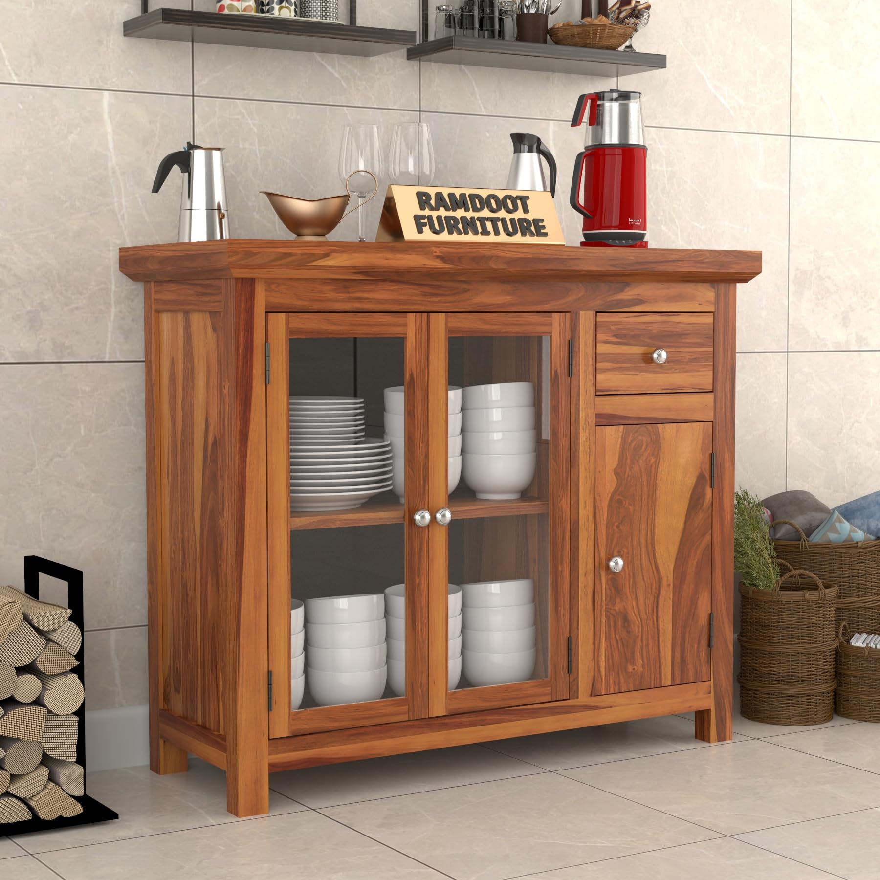 Small Crockery Display Cabinet For Living Room | Sheesham Wood Sideboard For Drawing Room | Wooden Kitchen Storage With Glass Door, Drawer & Cabinet | Hallway Furniture, Honey Finish-image-35