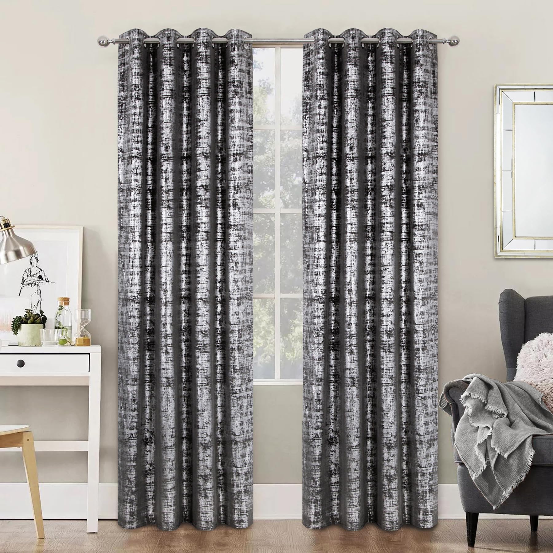 always4u 100% Blackout Velvet Curtains with Silver Film Backing Thermal Insulated Window Treatments for Bedroom Silver Foil Printed Eyelet Curtains Drapes 2 Panels Charcoal Grey W90 X L90 Inches