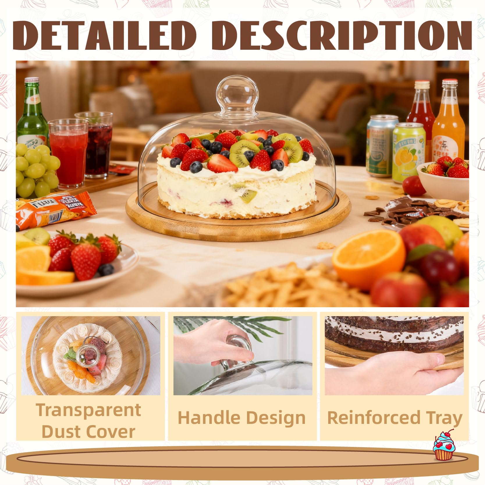 MEETOZ Présentoir à gâteau avec dôme en verre, plateau à gâteau avec couvercle en verre transparent, pour cuisine, anniversaire, mariage, événement, tartes, apéritif – 29 cm