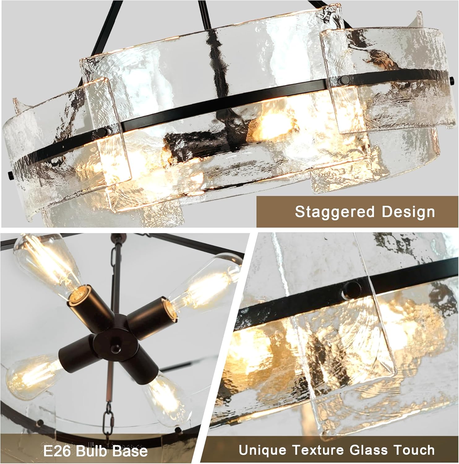 Water Textured Black Glass Drum Chandelier,Glass Chandeliers for Dining Room 20.8" Round Chandelier Dining Room Light Fixtures Over Table Modern Farmhouse Glass Pendant Light for Living Room Foyer