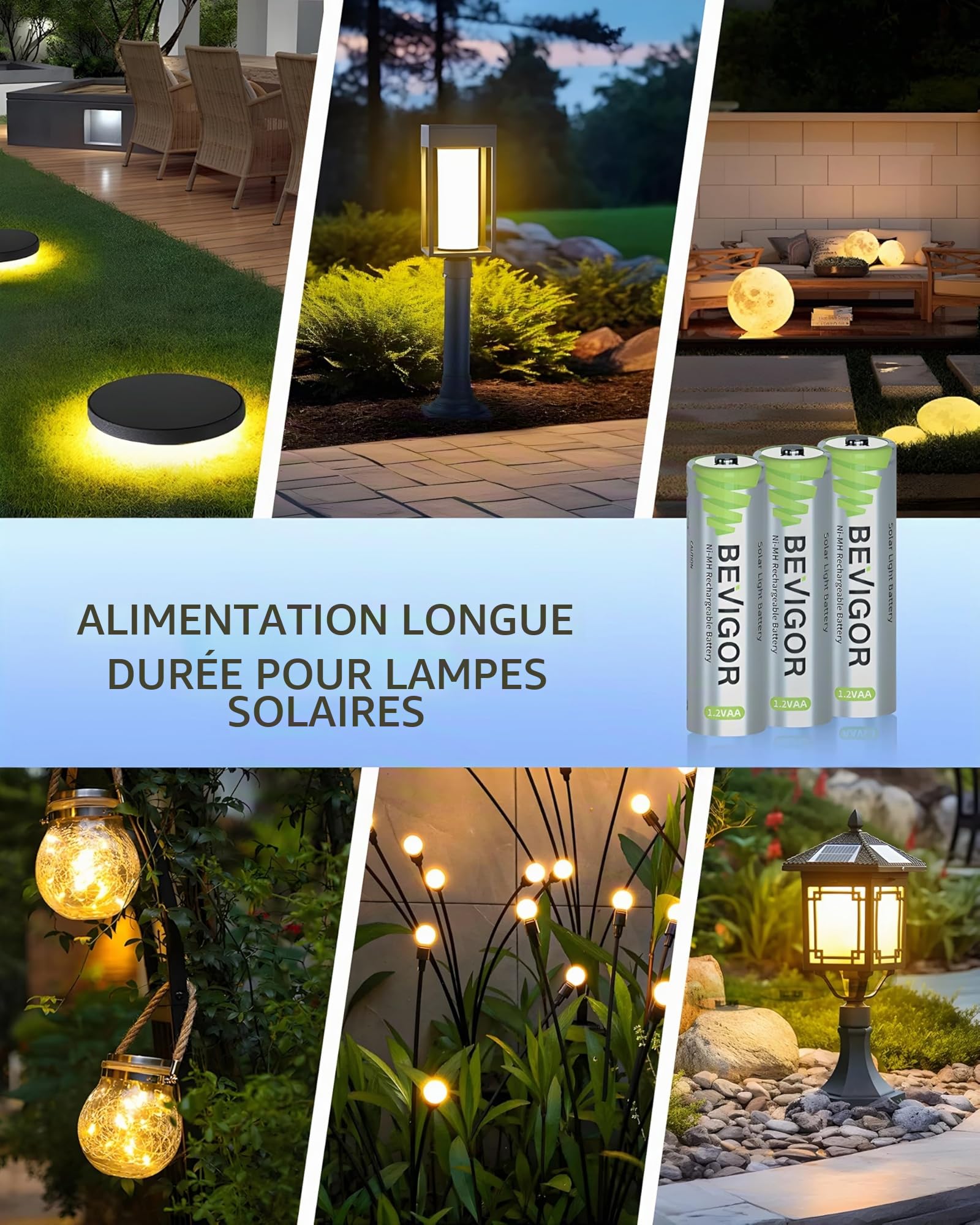 BEVIGOR Piles Rechargeables Solaires AA 1000mAh 1.2V NiMH pour Lampes Solaires Extérieures