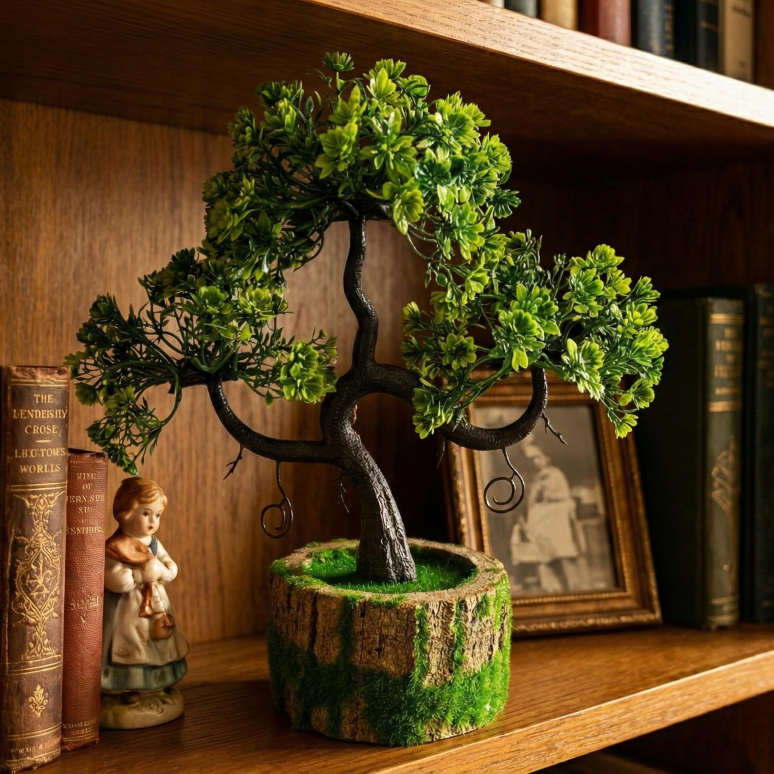 Dekorly Artificial Plants with Green Wooden Pot Fake Bonsai Plants Greenery Desktop Display Simulation,Office,Home Office Bedroom Living Room Tabletop Bathroom Decor | Height : 25CM (Green) - Image 6 thumbnail
