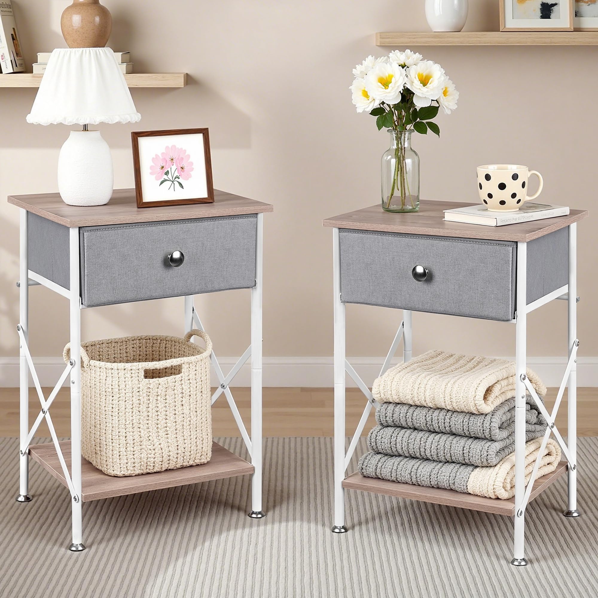 VECELO Nightstand with Drawer, End Table with Storage, Adjustable Metal Feet, Wood Tabletop, 5.5" Drawer & Open Shelf, Easy to Clean, Small Table for