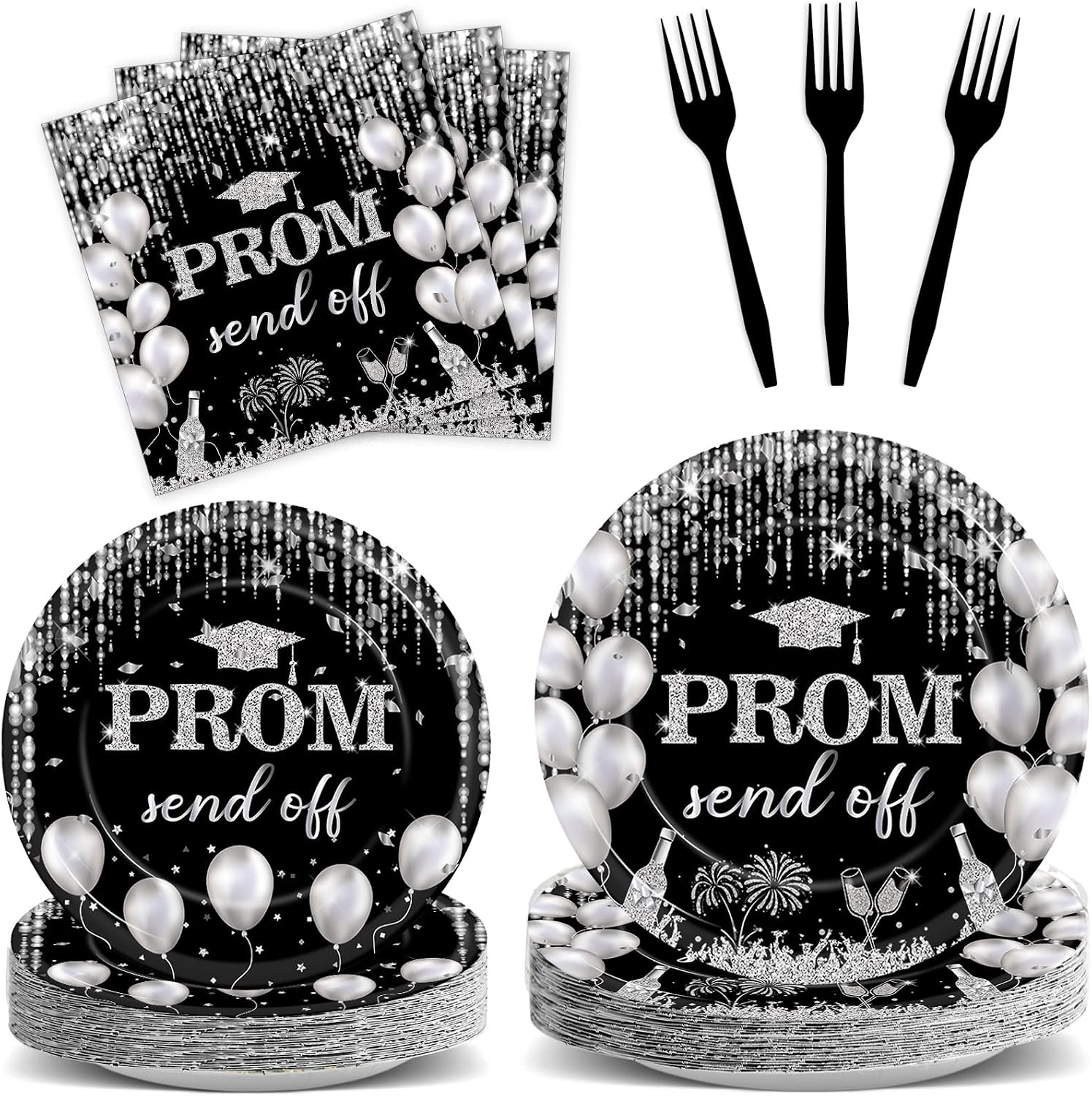 96pcs Prom Send Off Party Tableware Supplies Black and Silver Congrats Grad Disposable Plates and Napkins Graduation Theme Party Decorations for Graduate Celebration Parties Favor Serves 24