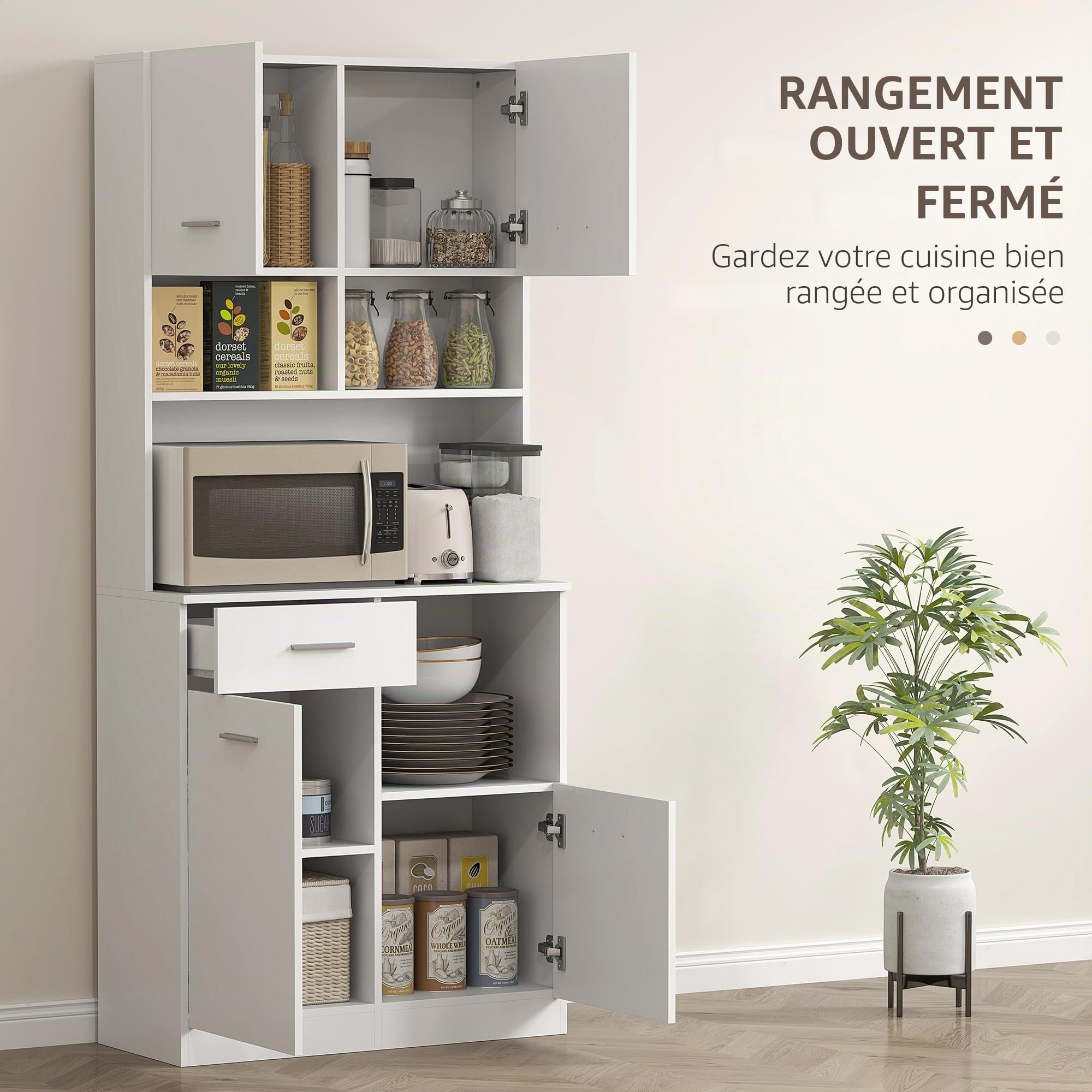 HOMCOM Armoire de cuisine, armoire haute avec étagère réglable, tiroir, armoire buffet avec porte Soft-Close, armoire vitrine Rangement pour cuisine salle à manger 80x35x180 cm Blanc
