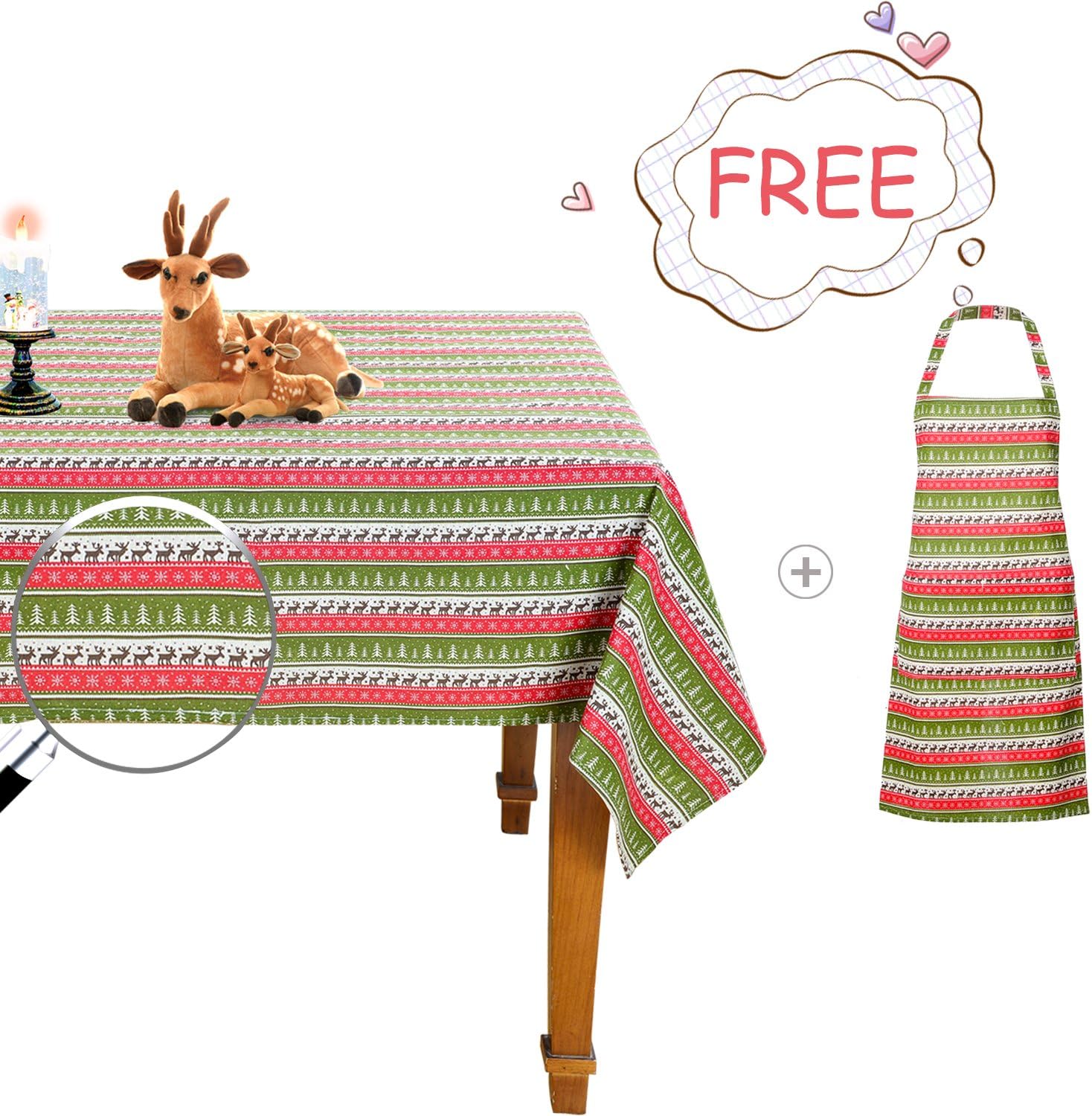 Face Forever Christmas Tablecloth and Apron Xmas Tree Reindeer Snowflake Fabric Home Indoor Decorations Rectangle Table Cover 60 x 120''