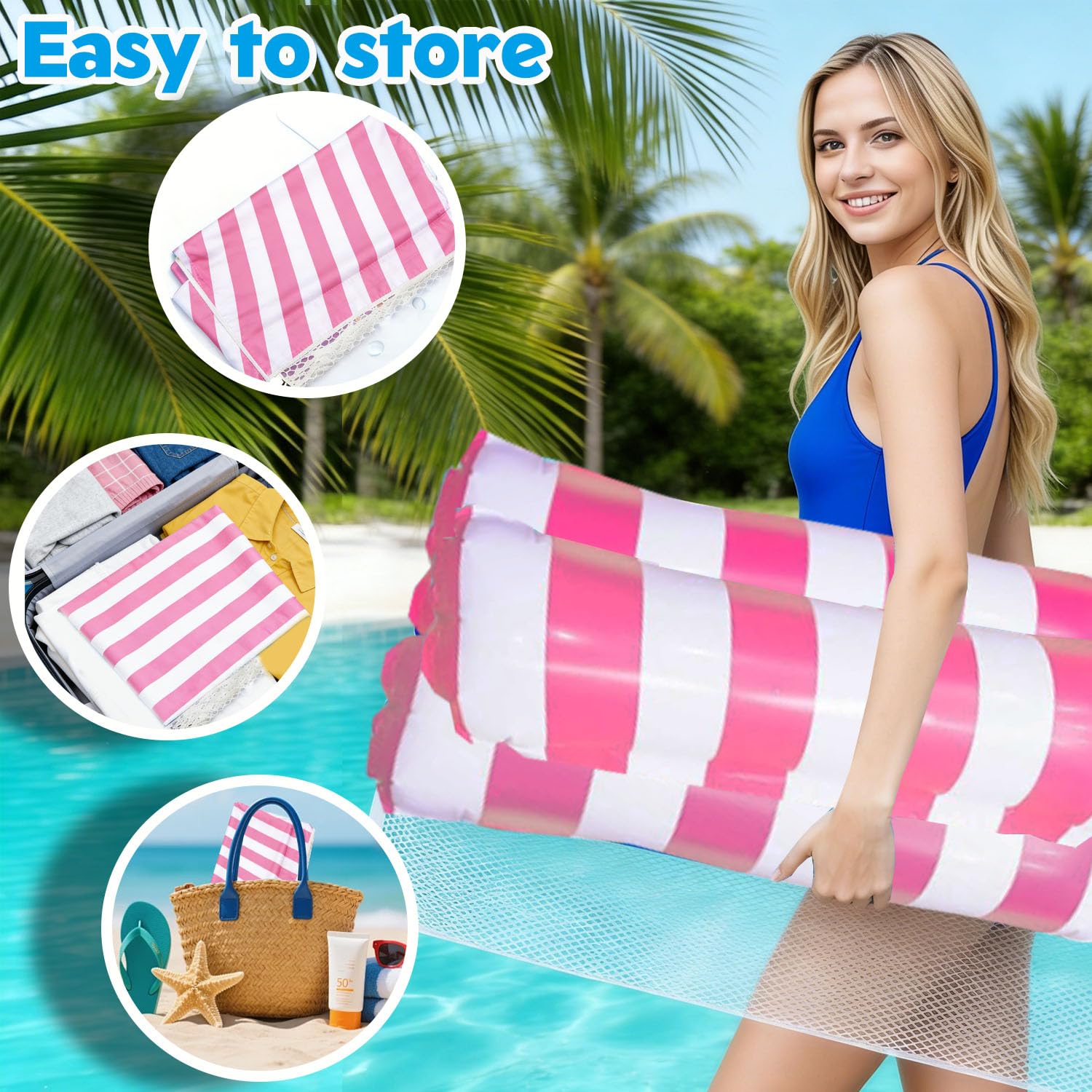 Bouee Piscine Adulte,4 in 1 Matelas Piscine Gonflable,Hamac Gonflable avec Deux Pochette Étanche,Pliable Portable pour Les Adultes et Enfants,Vacances à la Plage