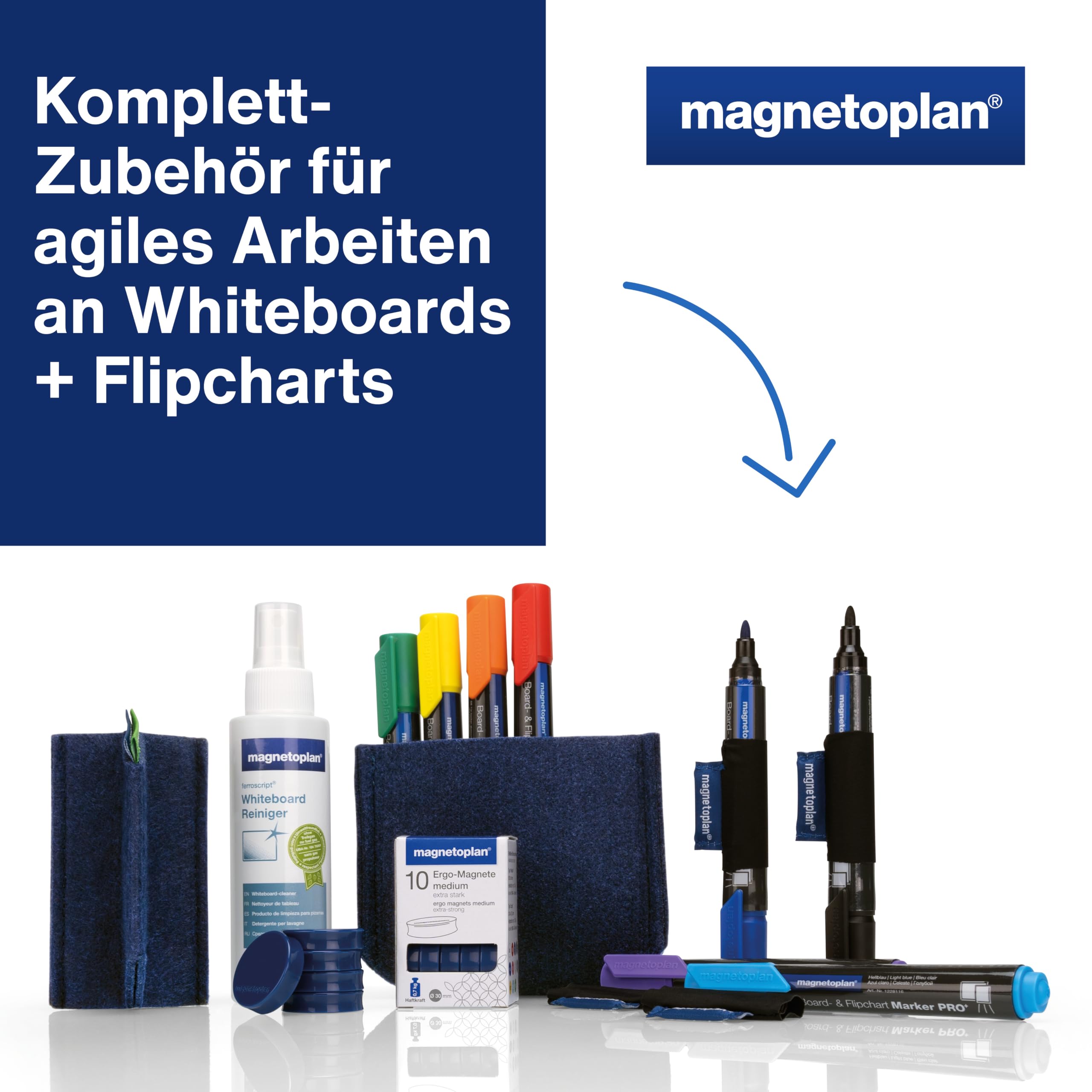 magnetoplan Whiteboard Essentials Kit, Blau | Praktisches Komplett Set | Ideal für agiles Arbeiten mit Whiteboard + Flipchart | Inkl. Markern, magnetischen Stiftehaltern, Tafellöscher, Reiniger etc.