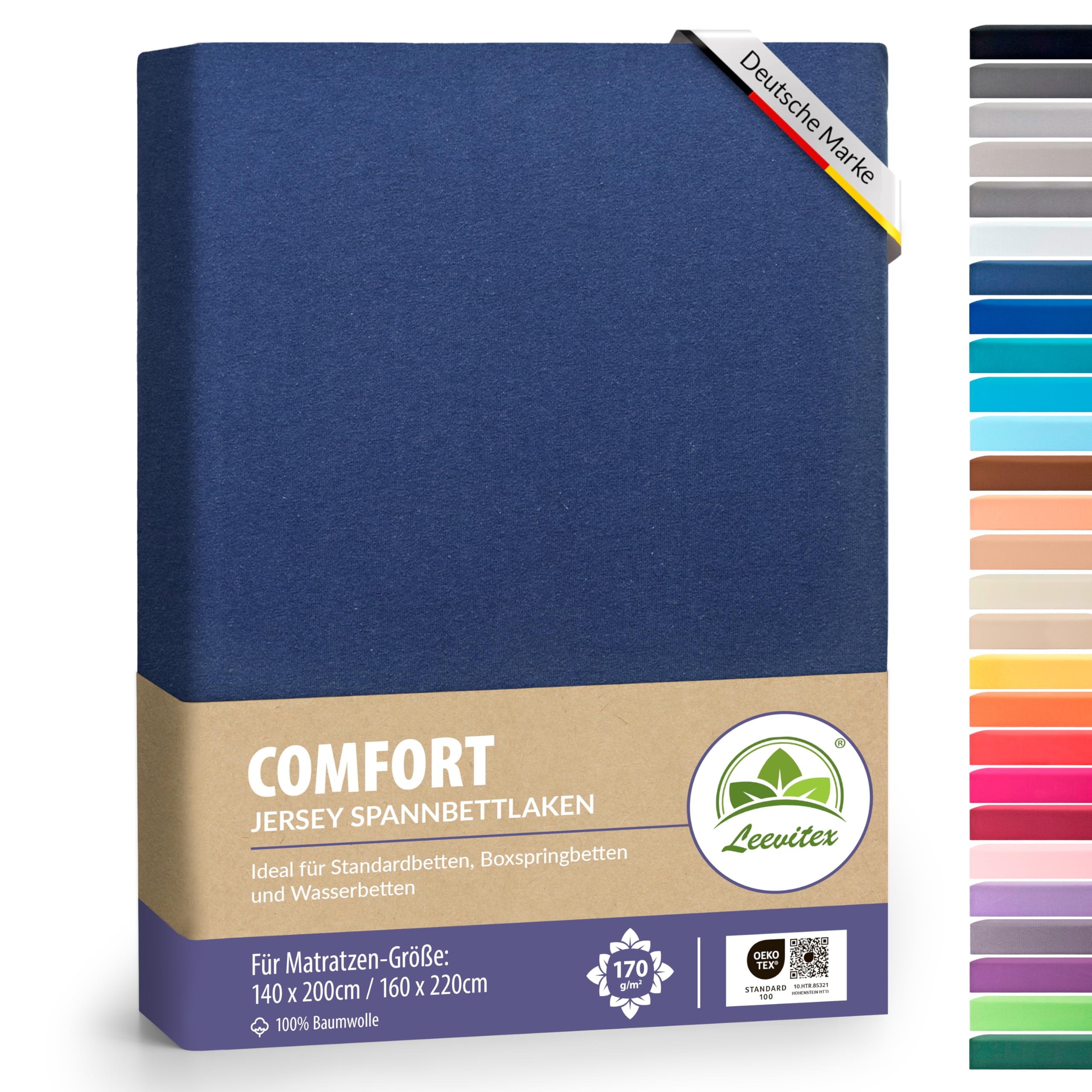 leevitex® Premium Spannbettlaken 140x200-160x220 cm - 40 cm Steg - auch für Boxspringbett & Wasserbett | 100% Mako-Jersey-Baumwolle | ÖKO-TEX | 170g/m² | Navyblau/Marine