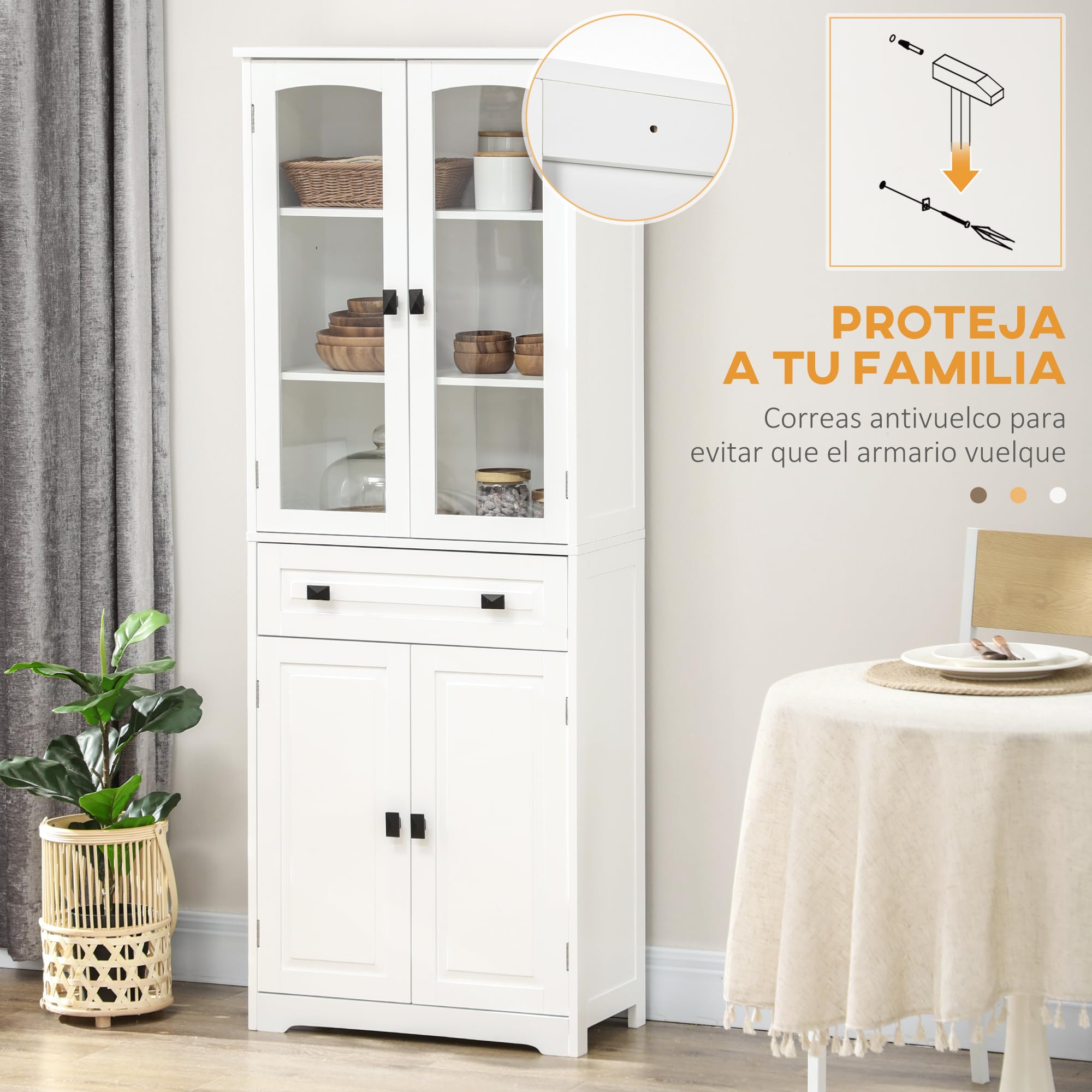 HOMCOM Alacena de Cocina Aparador de Comedor 4 Puertas 60x30x160 cm Blanco | Mueble Auxiliar, 1 Cajón, 2 Estantes Ajustables, para Salón