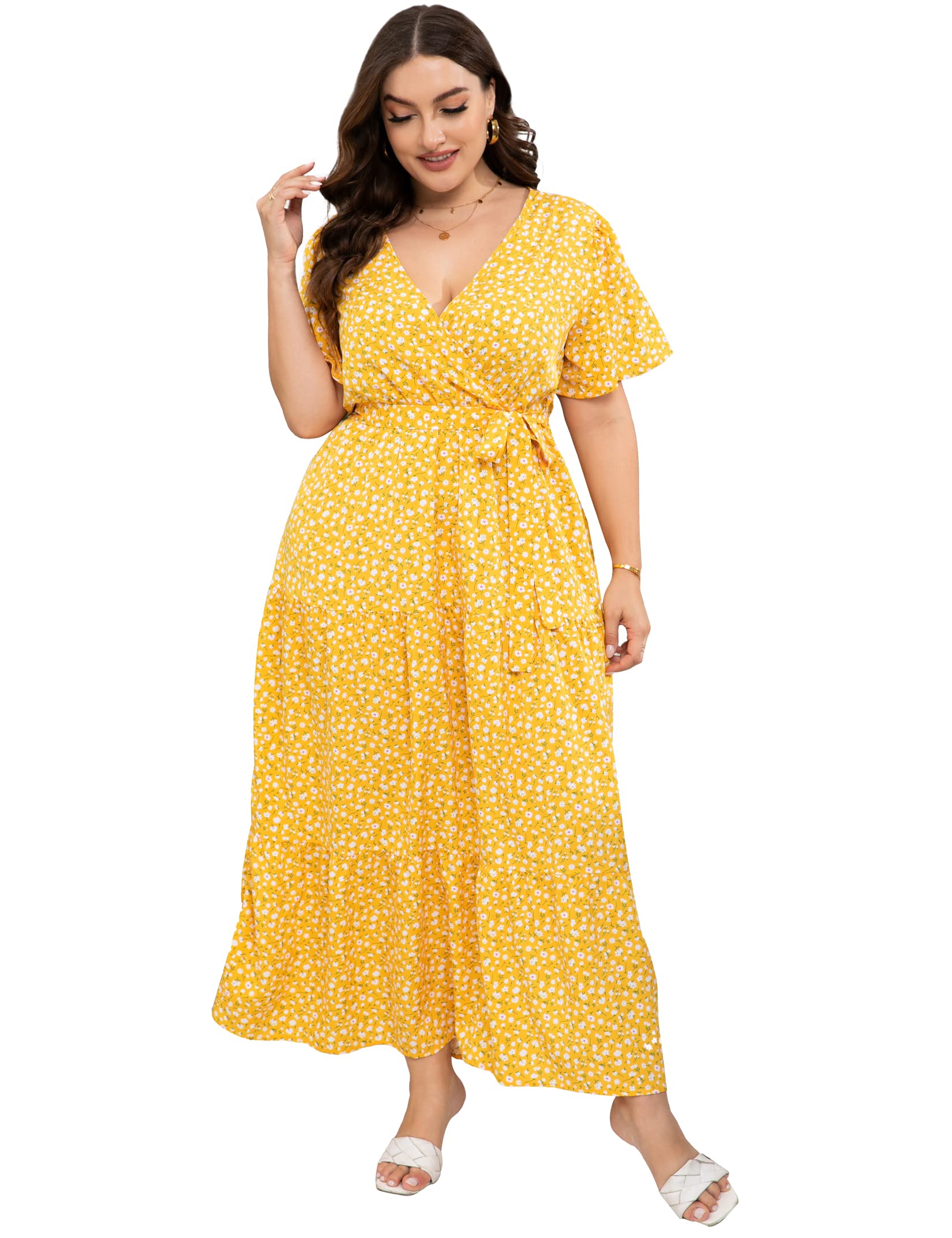 ShopWonder Womens Plus Size V Neck Wrap Maxi High Waist Ruffle Summer Casual Dress with Belt Vestido para Mujer