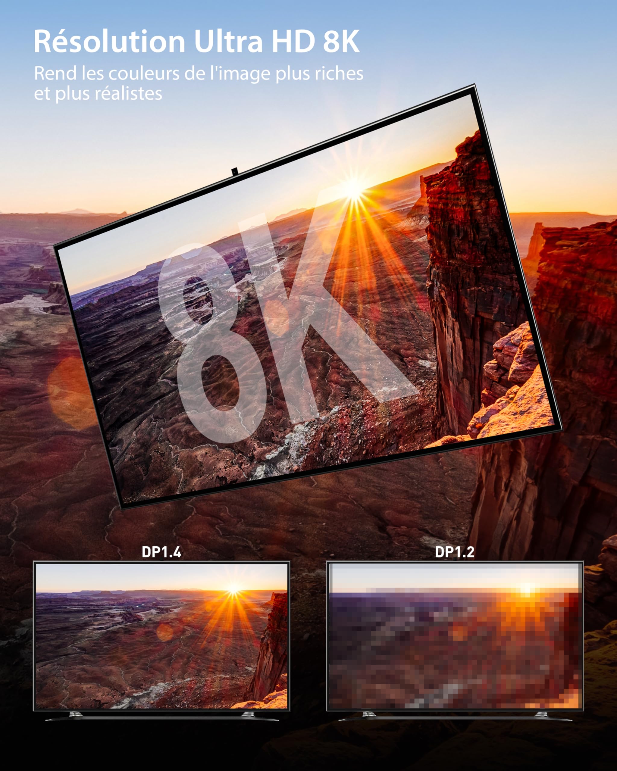 Stouchi Câble DisplayPort 1.4 240Hz 2M/6.6FT DP1.4 Prise en charge 8K@60Hz 4K@60Hz/144Hz/120Hz 5K@60Hz/120Hz 2K@165Hz/240Hz FreeSync G-Sync 32,4Gbps HDR10 Display Port Lead