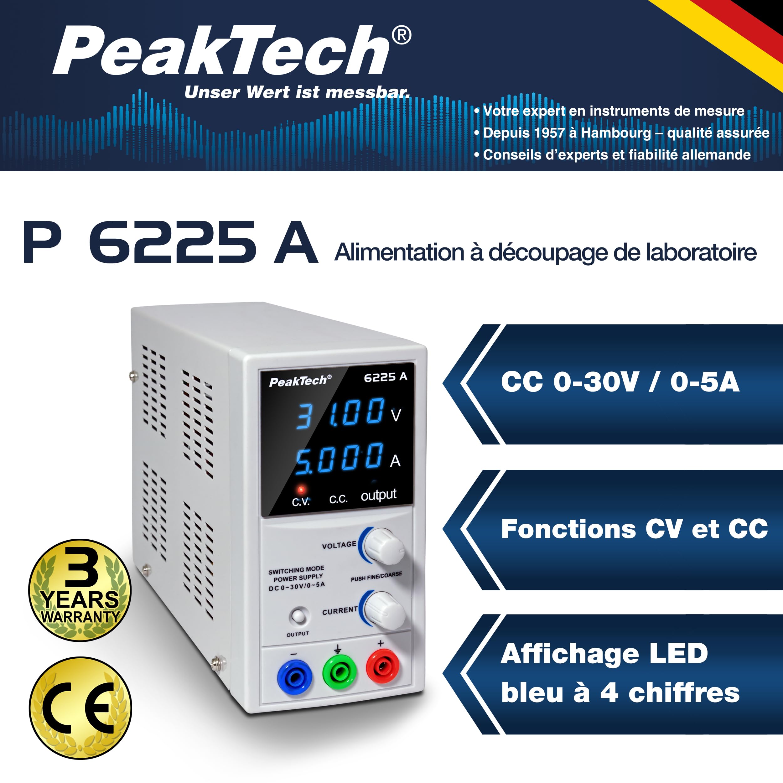 PeakTech 6225 A - Alimentation de Laboratoire DC 0-30V / 0-5A, Réglable, Affichage LED à 4 chiffres, Alimentation Stabilisée à Découpage, Protection contre les Surcharges et les Courts-circuits
