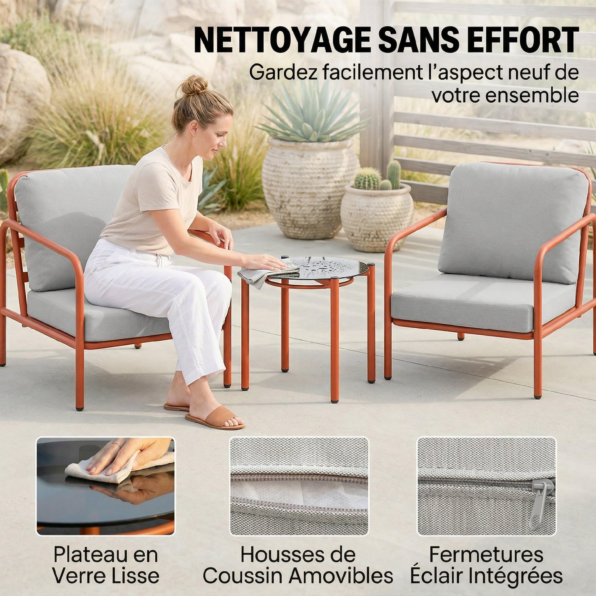 Outsunny Salon de Jardin 3 Pièces, Fauteuils avec Coussins Amovibles, Table Basse Verre Trempé, Acier, Rouge Vineux