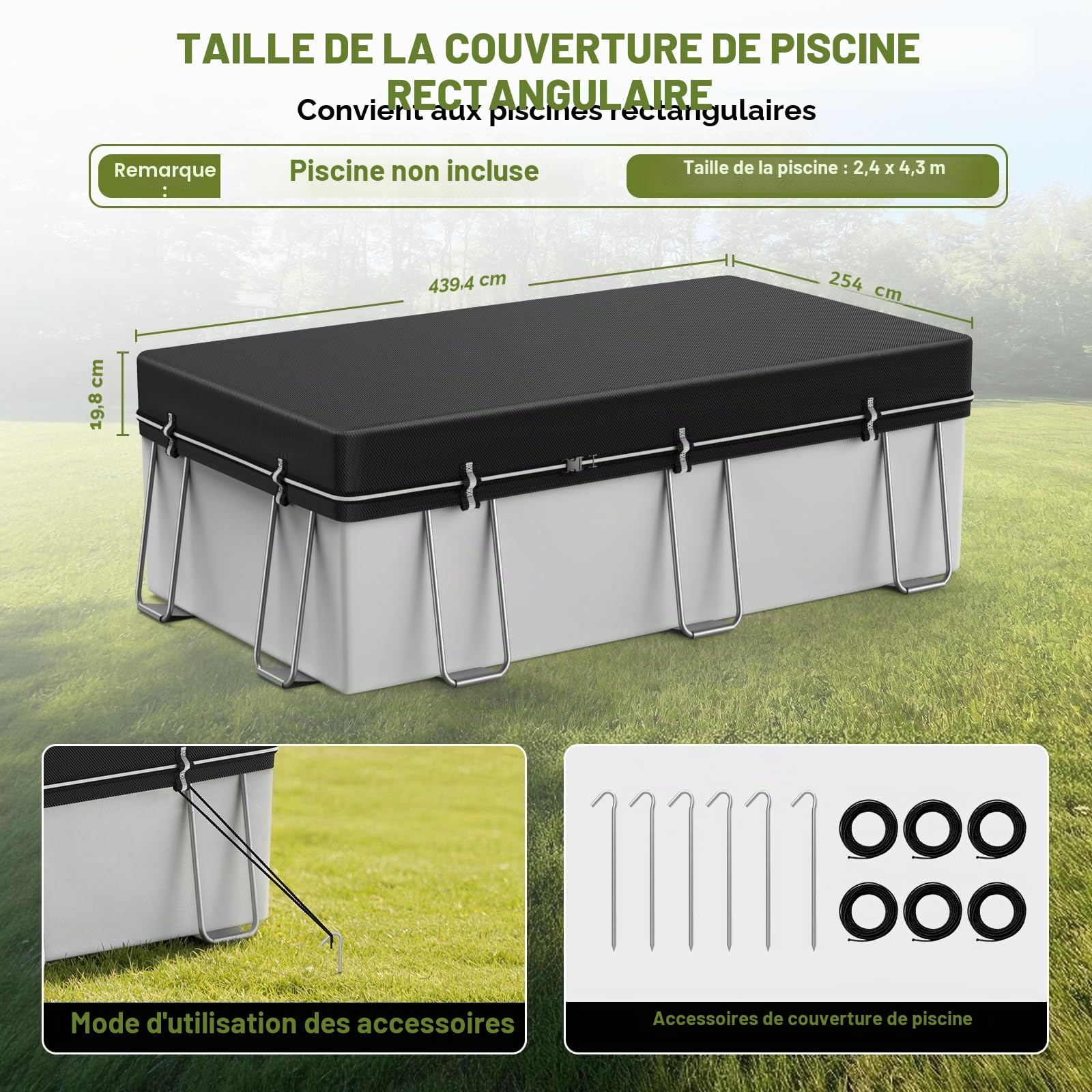 Bâche de Piscine rectangulaire 2,4 x 4,3 m pour Piscine Hors Sol, bâche Solaire avec Boucle Coupe-Vent intégrale, Housse d'hiver idéale imperméable et Anti-poussière