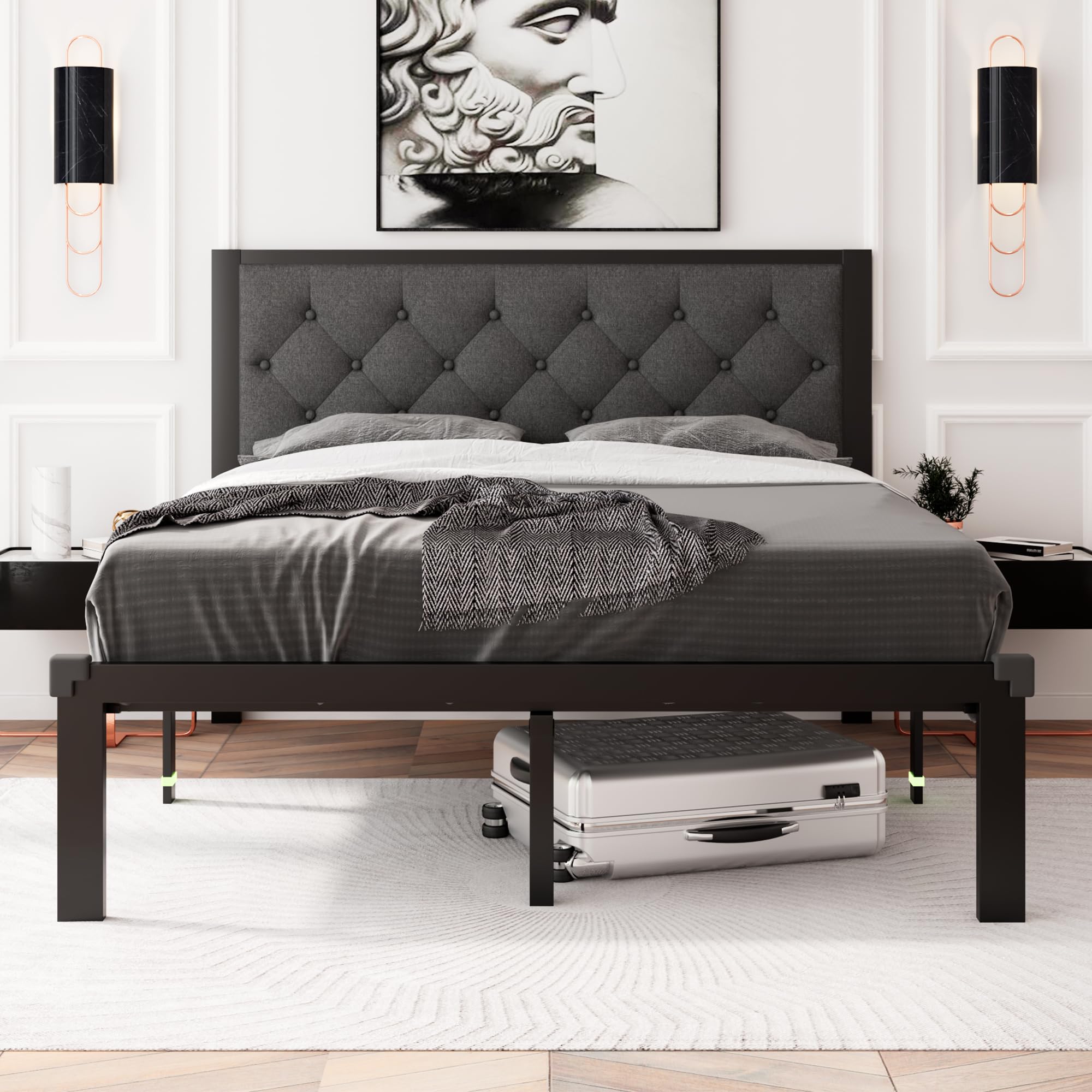 Feonase Full Size Metal Bed Frame, Heavy-Duty Platform Bed Frame with Linen Upholstered Headboard, 12" Storage Space, Steel Slats Support, No Box Spring Needed, Dark Grey