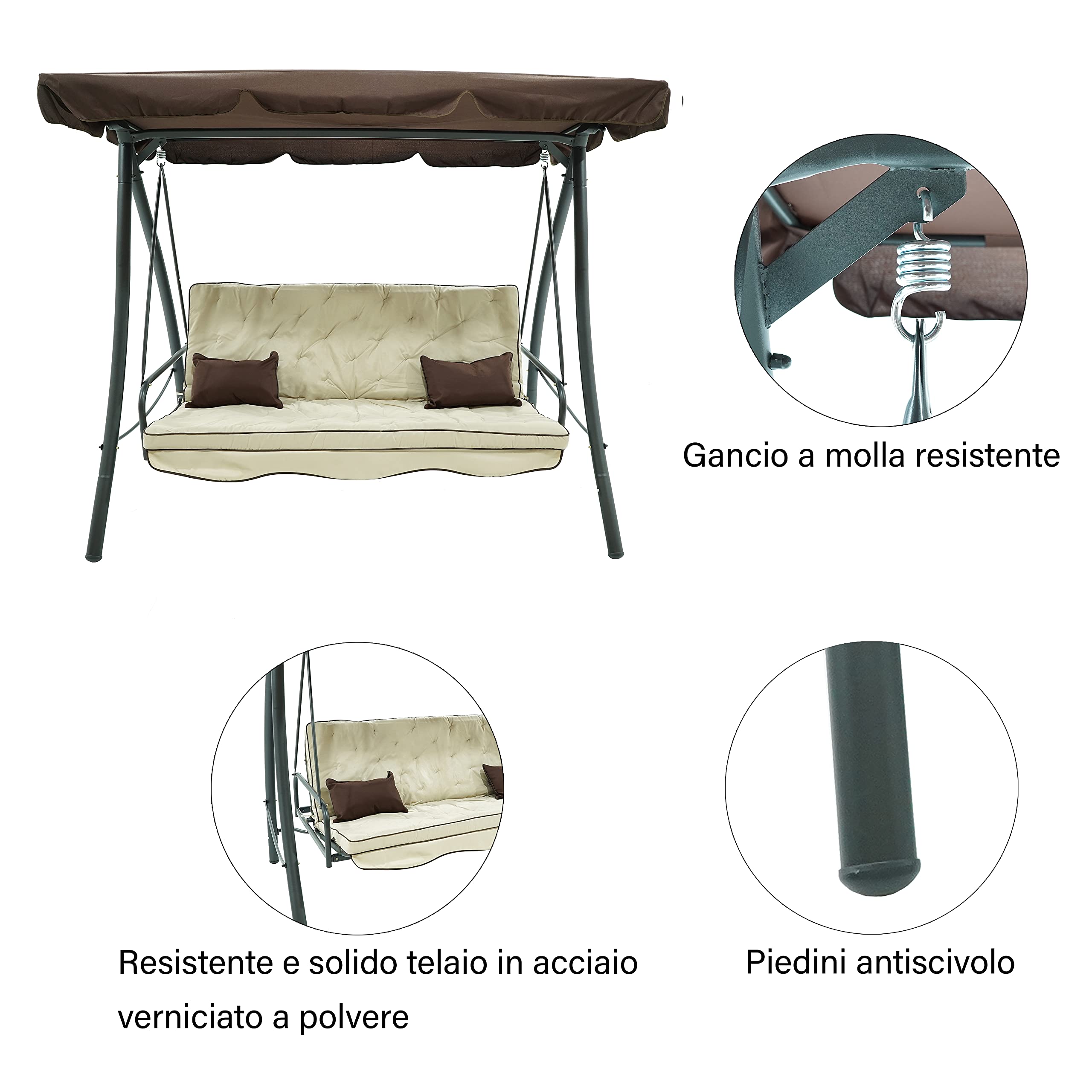 Dondolo Altalena da Giardino 3 Posti con Tetto Parasole Regolabile Convertibile in Letto Struttura in Acciaio e Tessuto Impermeabile Grigio Marrone