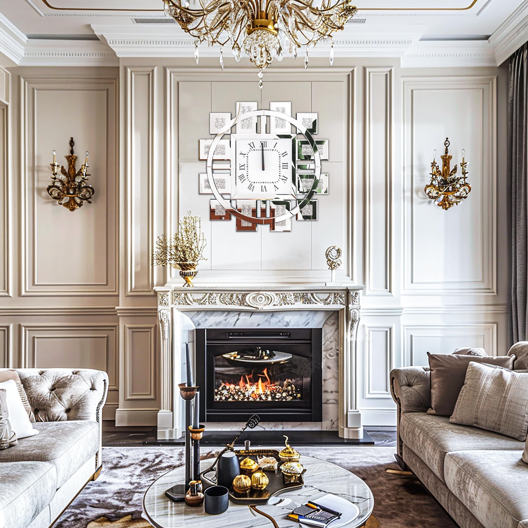 Kristall Wanduhr Groß Modern: Deko Uhren 60×60, Luxus Wohnzimmer Wanduhren Silber Tickenfreies Design Römische Ziffern für Wohnzimmer, Schlafzimmer, Küchen