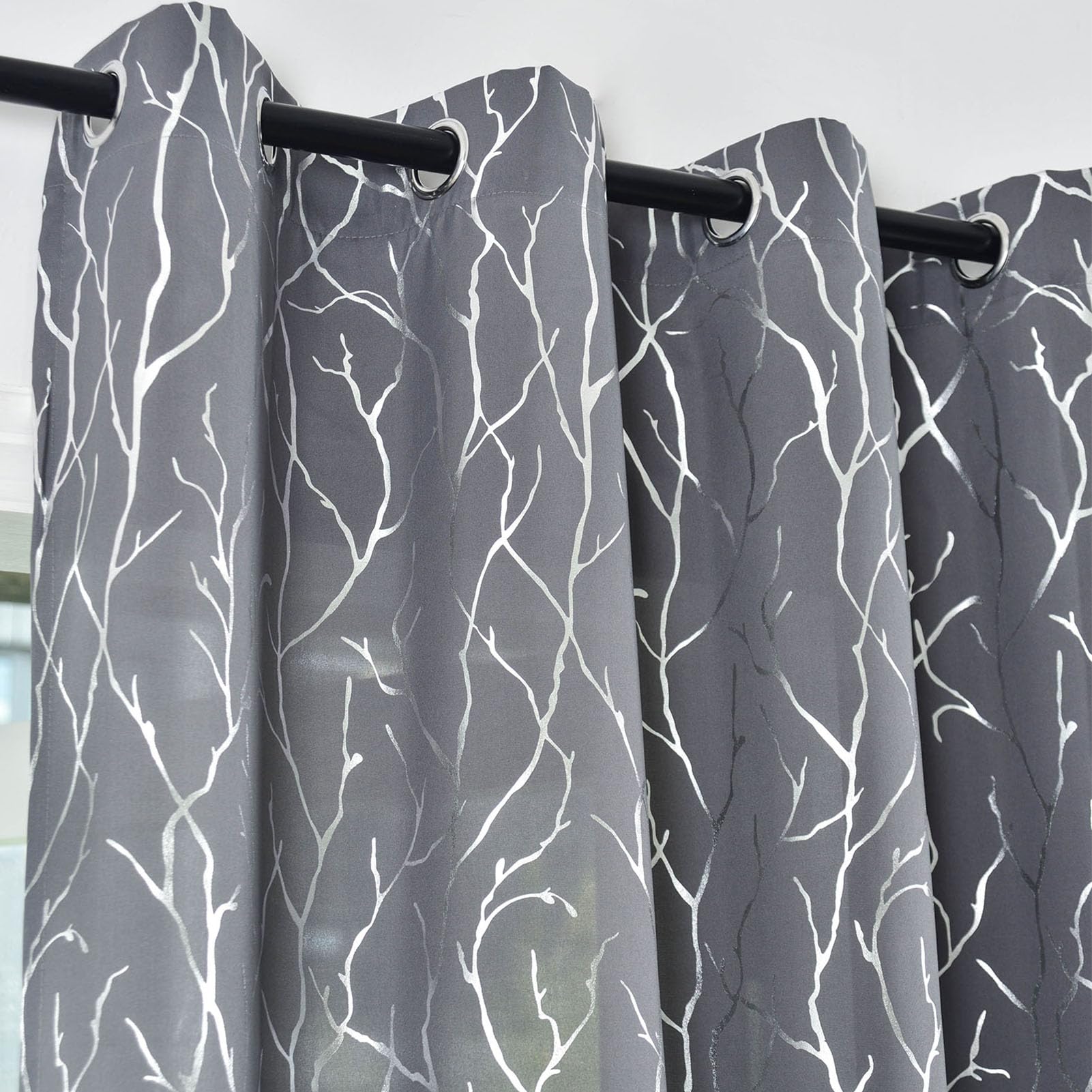 Kotile Silver Grey Curtains 63 Inch Length for Bedroom Metallic Silver Foil Tree Branch Curtain Panels - Image 3