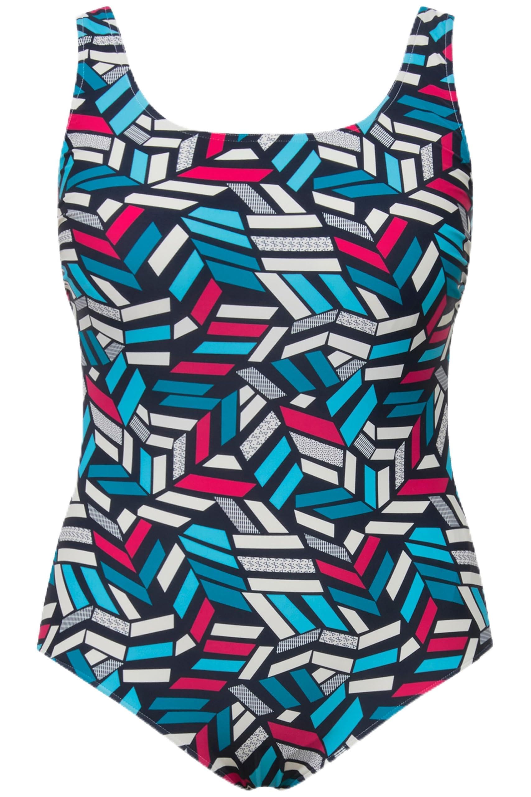 Ulla Popken Damen große Größen Übergrößen Plus Size Badeanzug, grafischer Druck, ohne Softcups, Rundhals 832232