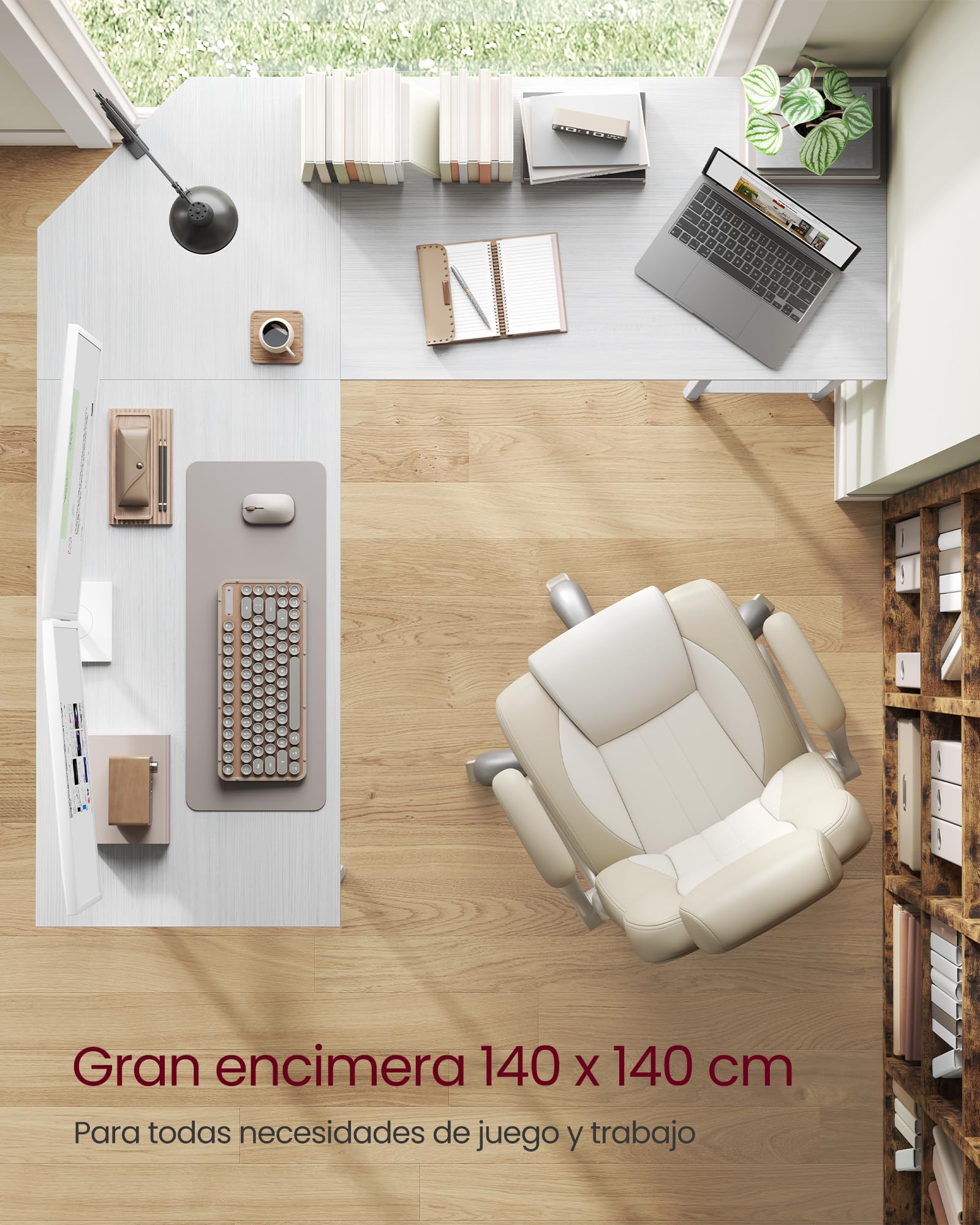 VASAGLE Escritorio, Mesa de Ordenador en Forma de L, 140 x 140 x 76 cm, Escritorio Esquinero, Ahorra Espacio, para Oficina Casa, Juegos, Fácil de Montar, Blanco Arce LWD073W01V1
