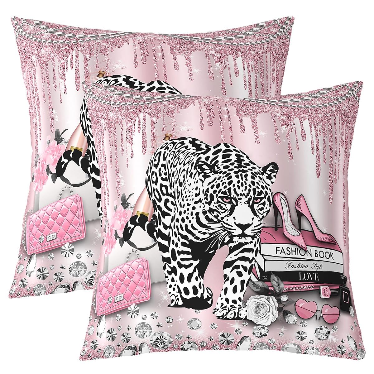 Castle Fairy Girls Black White Leopard Cheetah Print Pillow Case Cover,Women Heels Rose Square Pillow Cover 18"x18" Pack of 2,Pink Glitter Sliver