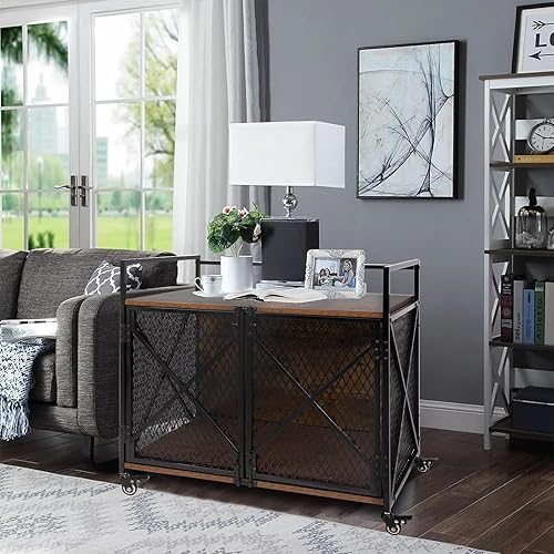 Miniatura 7 de Jaula para perros de 41 pulgadas, estilo mueble para perros grandes y medianos, jaula de madera resistente para perros con 4 ruedas con cerradura y