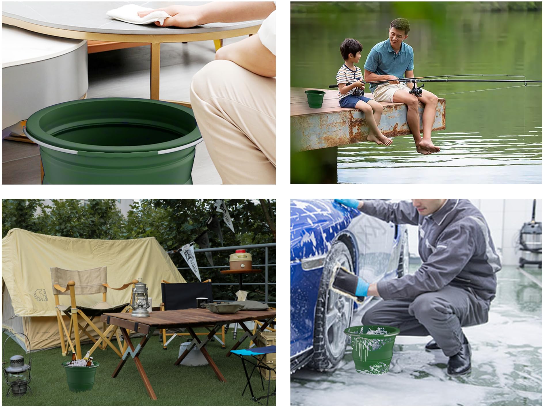 Cubo plegable de silicona, limpieza del hogar o lavado de coches, cubo plegable portátil para pesca o camping, 2.6 galones (10 litros), diseño que ahorra espacio, redondo (verde)