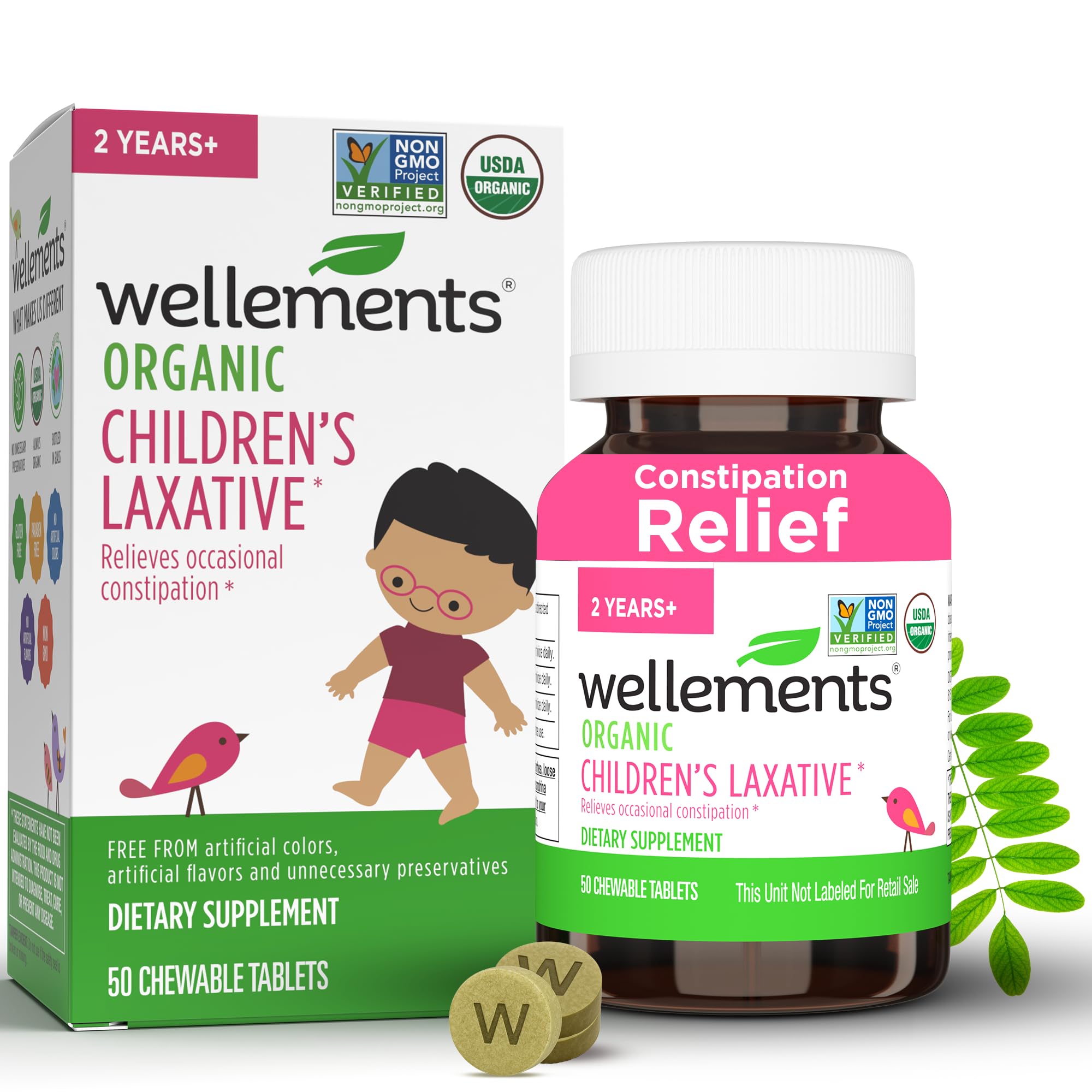 WellementsOrganic Children's Laxative, Gentle Constipation Relief for Kids, Made with Organic Senna Leaf, USDA Certified Organic and Non-GMO, Free from Gluten, Artificial Colors and Flavors, Ages 2+