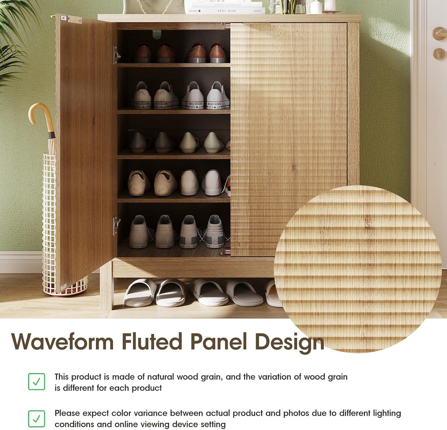 5-Tier Shoe Cabinet with Fluted Doors & Adjustable Shelves Shoe Storage, Hidden Shoe Storage Cabinet, Modern Farmhouse Shoe Cabinet Storage for Entryway, Hallway, Living Room, Foyer | Natural Oak