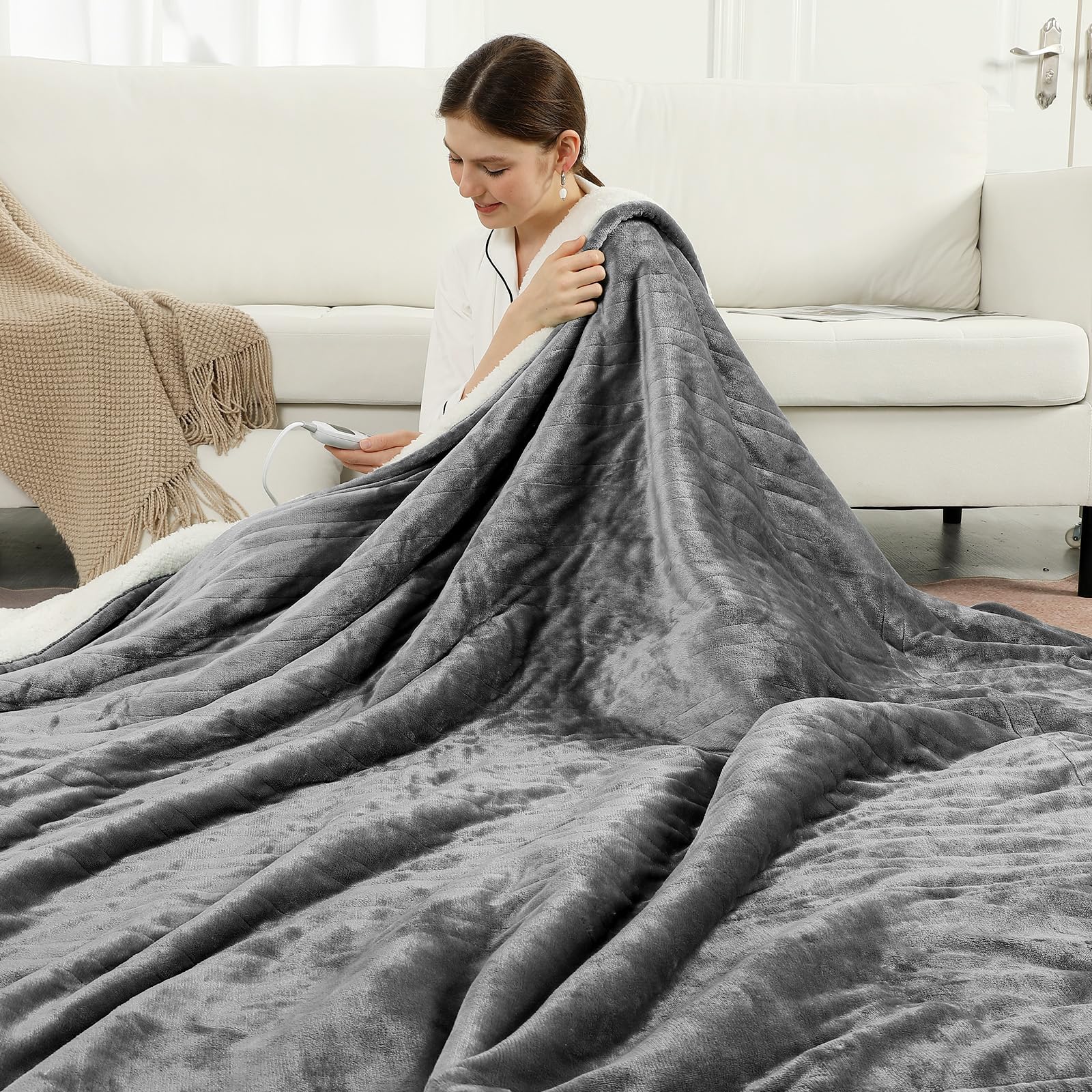 ESTINGO Coperta elettrica 150 x 200 cm, 6 livelli di riscaldamento, timer 10 ore, spegnimento automatico, soffice flanella & sherpa, per lavabili, anziani, ragazzi, donne e coppie, colore: grigio