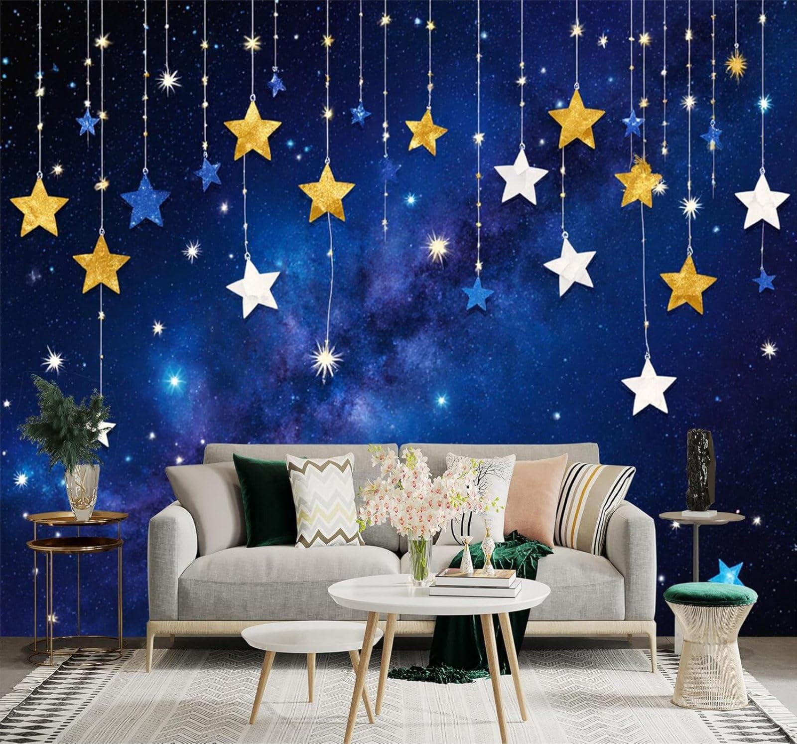 Tzxztt Cartoon Blue Night Sky Milky Way Stars Modern 3D Wallpaper Premium Textured Silk Neutral Tones Material Ideal for Living Room Bedroom-350cm×256cm