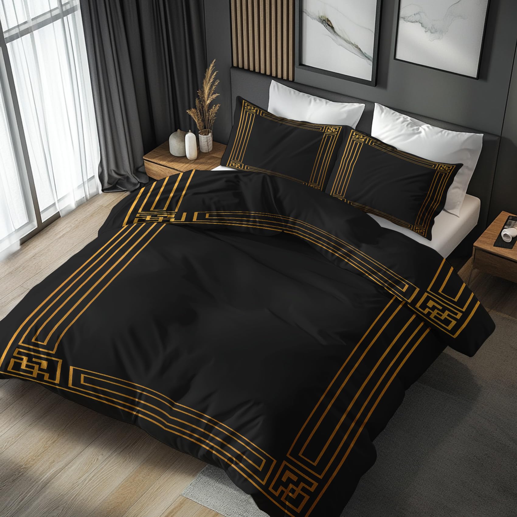 Ethno Bettwäsche 200x200 Mit Einfach Schwarz Gold Muster, Bettbezug Set Bügelfreie Bettwäsche Mit Reißverschluss, Kissenbezug, Ethno Deko