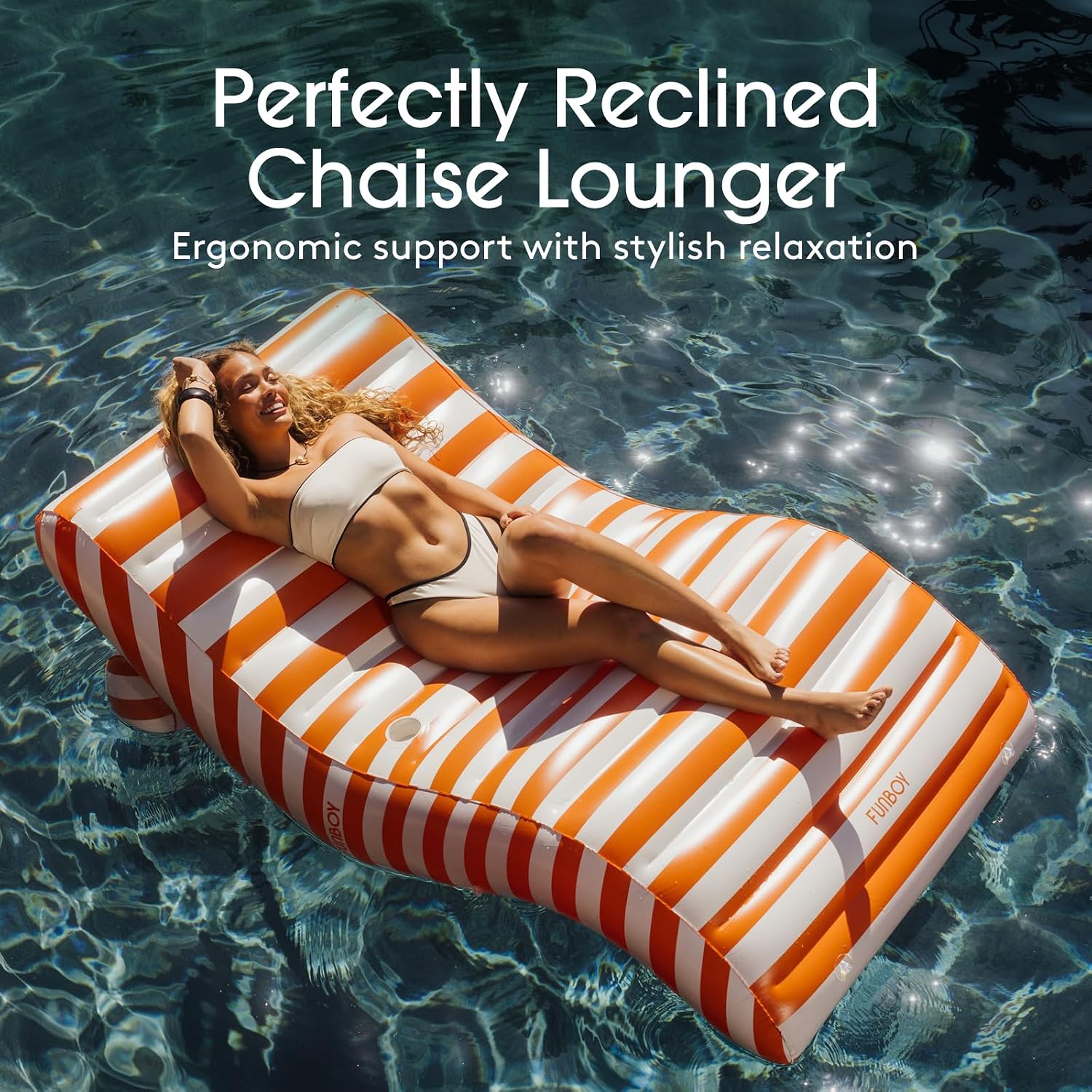 FUNBOY Giant Inflatable Luxury Orange & White Cabana Striped Chaise Lounger, Chair Pool Float for Adults, Perfect for a Summer Pool Party, Nearly 6 Feet Long