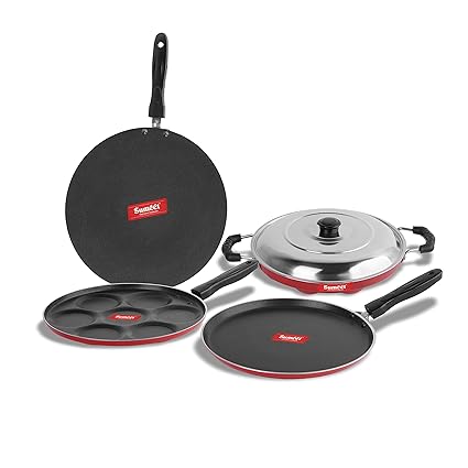 Sumeet Rod Aluminium Dosa Tawa, Multi Snack Maker, Grill Appam Patra With Lid, Concave Tawa, 1 Dosa Tawa ,1 Multi Snack Maker ,1 Grill Appam Patra With Lid,1 Concave Tawa (Red)