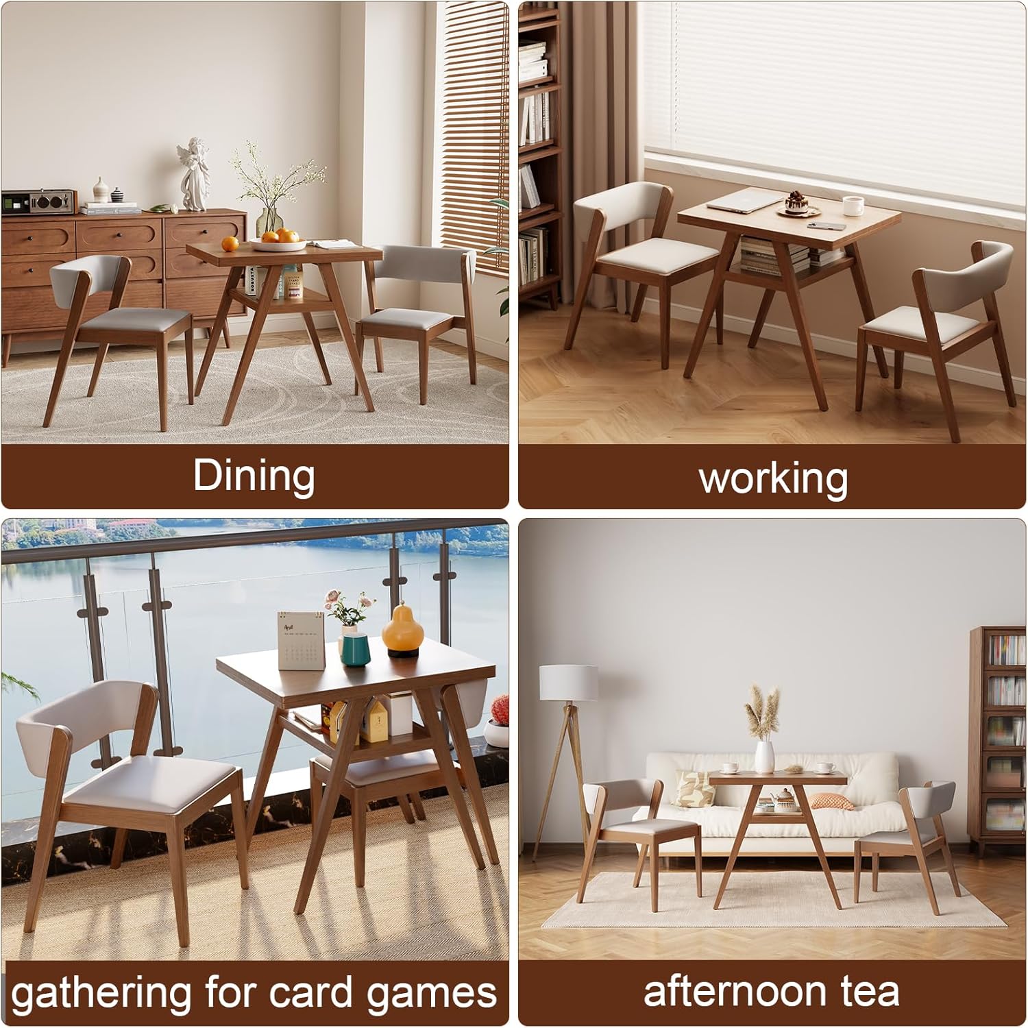 Solid Wood Outdoor Patio Dining Table Set,3 PCS Bistro Dining Table Set of 2 with upholstered Chairs Patio Conversation Set Stackable Chair and Table Design for Lawn,Deck,Backyard,Walnut