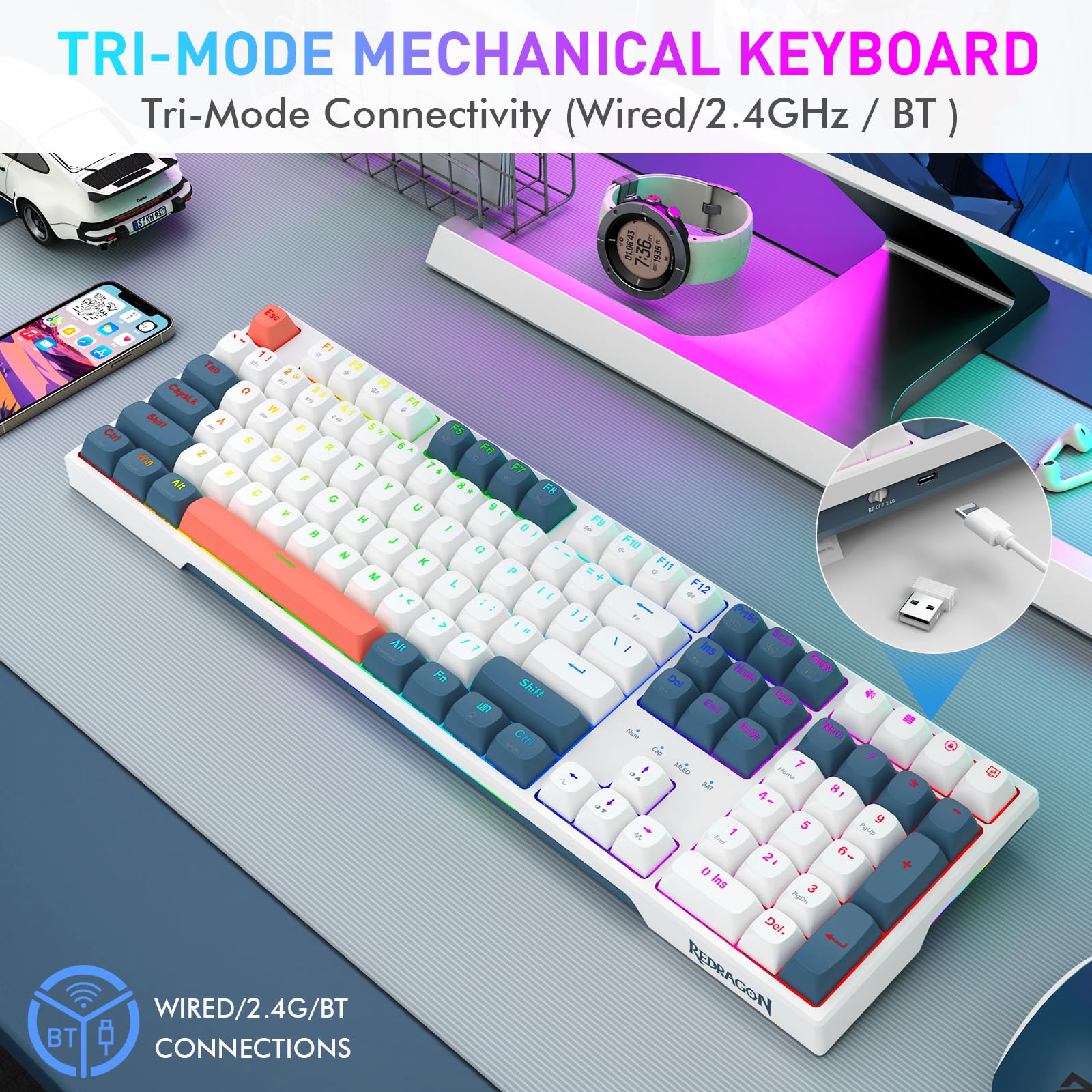 Redragon K668 PRO Wireless 108-Key Gasket RGB Gaming Keyboard, 4 Hotkeys view 4
