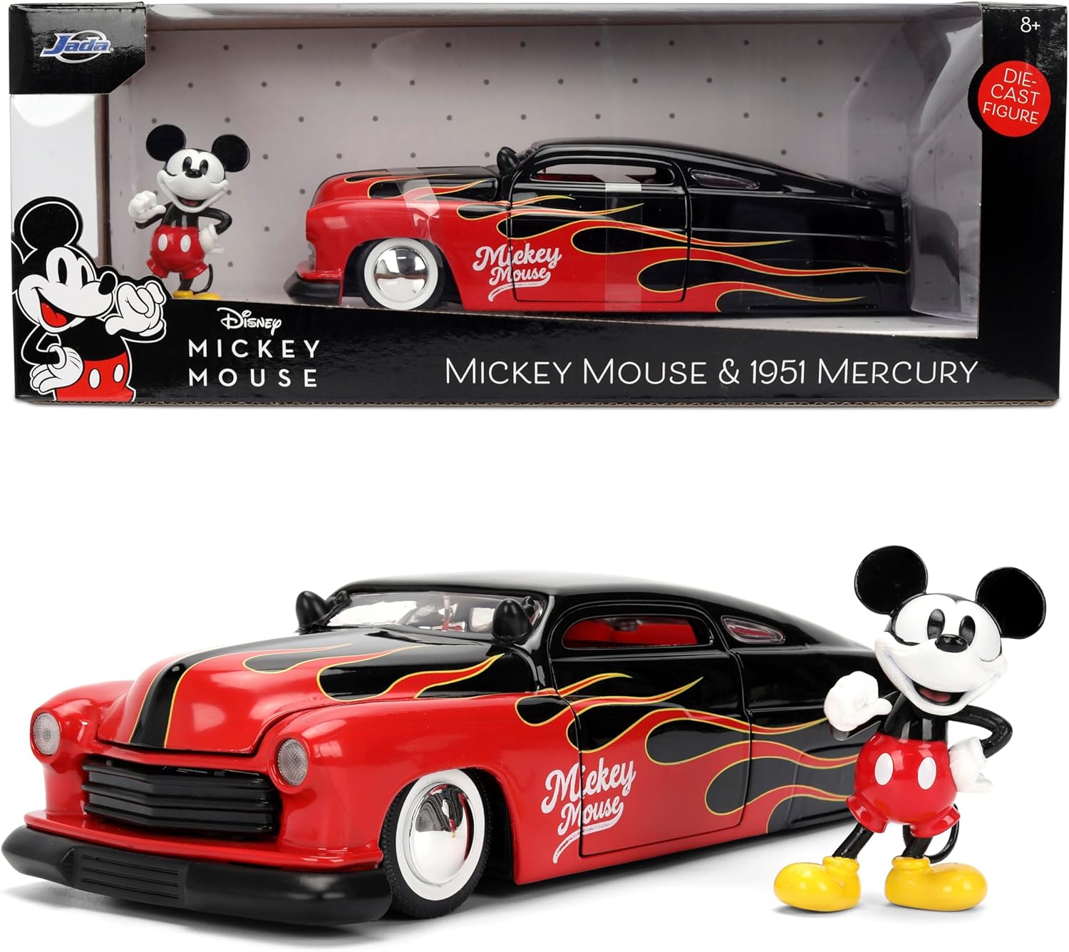 Jada Disney Vintage Mickey – 1951 Mercury – Hollywood Rides Die-Cast Car Toys – Flame Design –Mickey Figure – Collector's Edition – Age 8+ – Red/Black