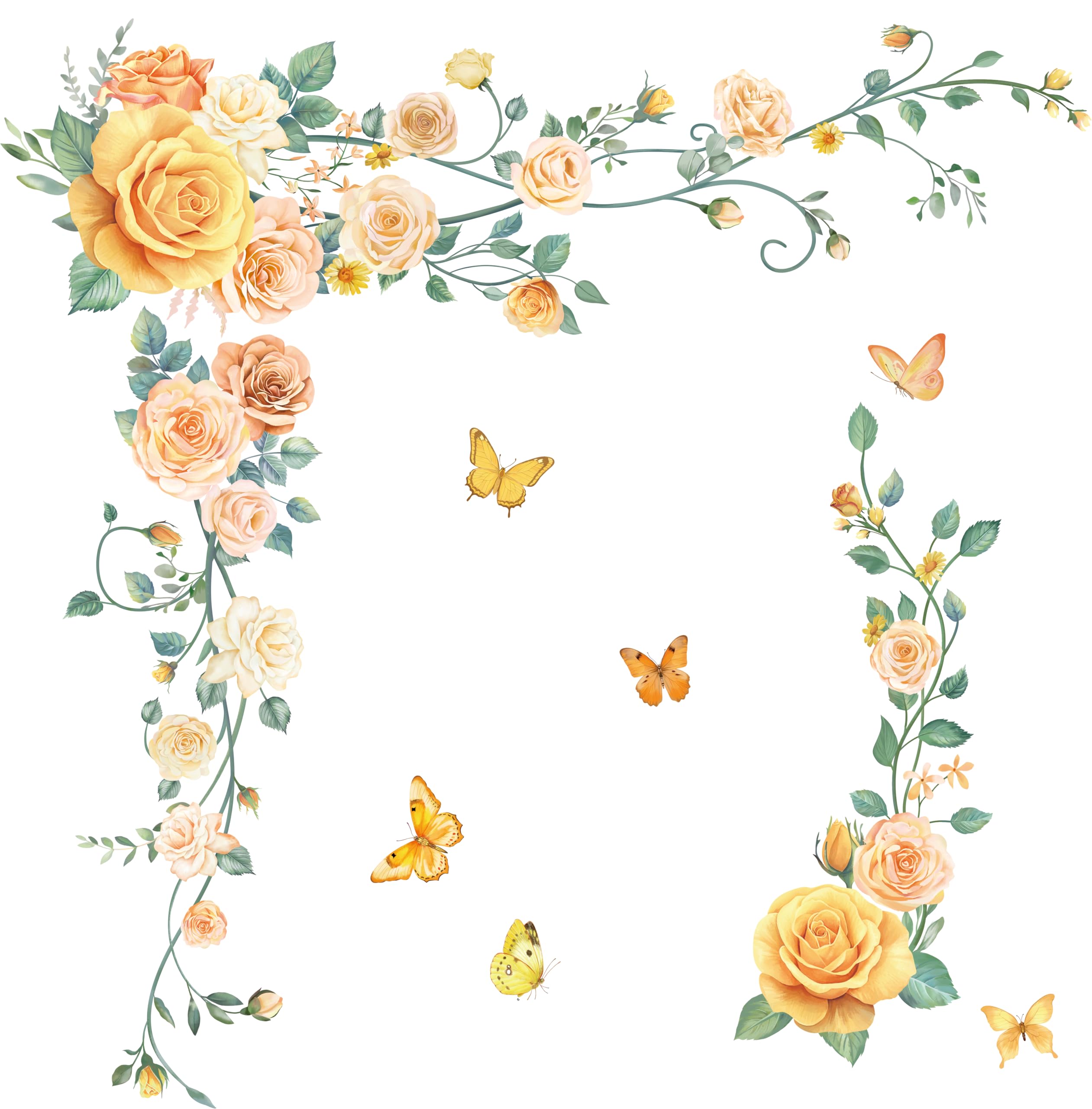 FUFUQUARE Hanging Flower Vine Wall Stickers Removable Elegant Yellow Rose Floral Butterflies Wall Art Decals for Bedroom Living Room Door Furniture Décor - Image 4