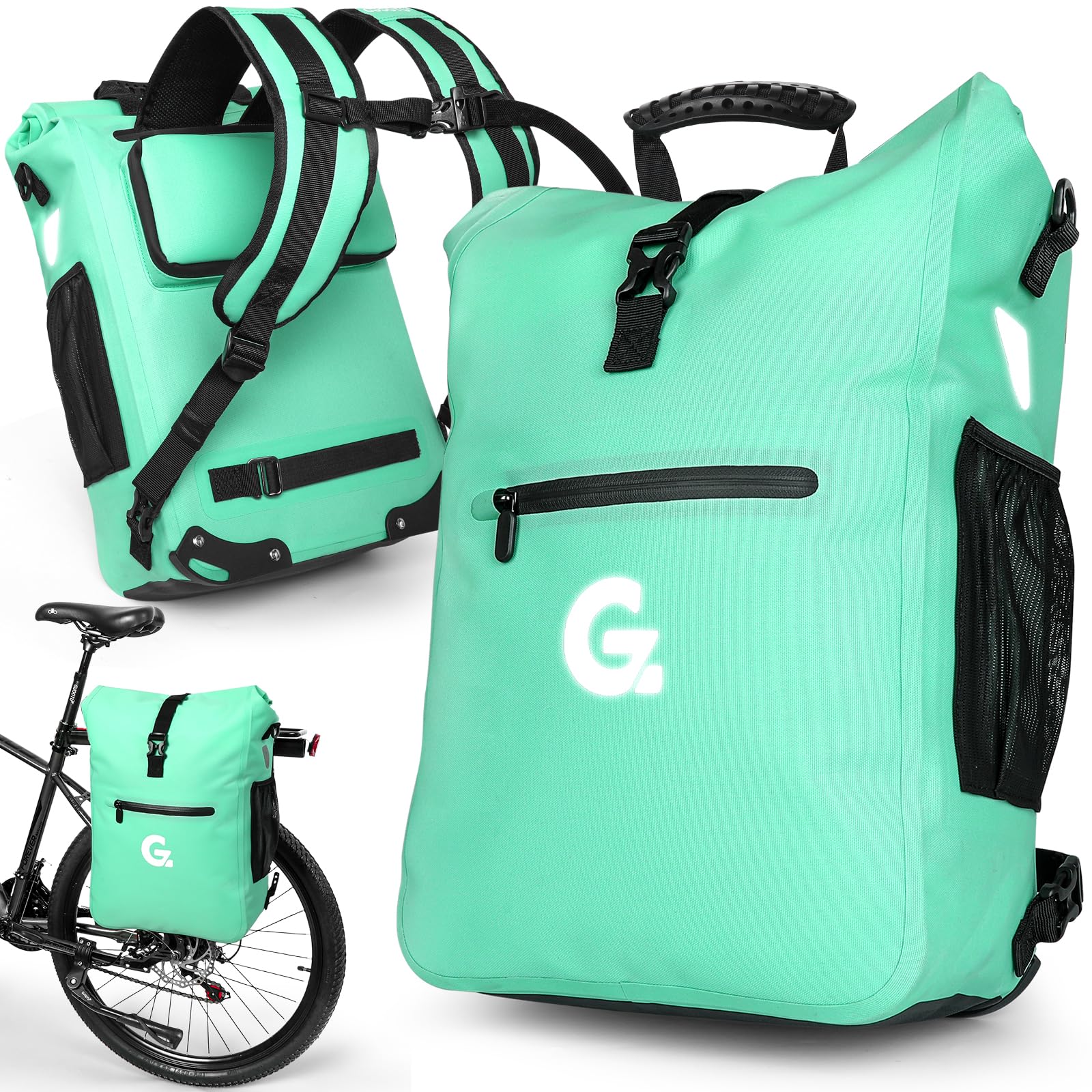 GUOOTU 3in1 Fahrradtasche für Gepäckträger,Fahrradtasche Rucksack 28L,Gepäckträgertasche, wasserdichte & Reflektierende Fahrradtasche - Mit 15.6" Laptopfach (Grün)