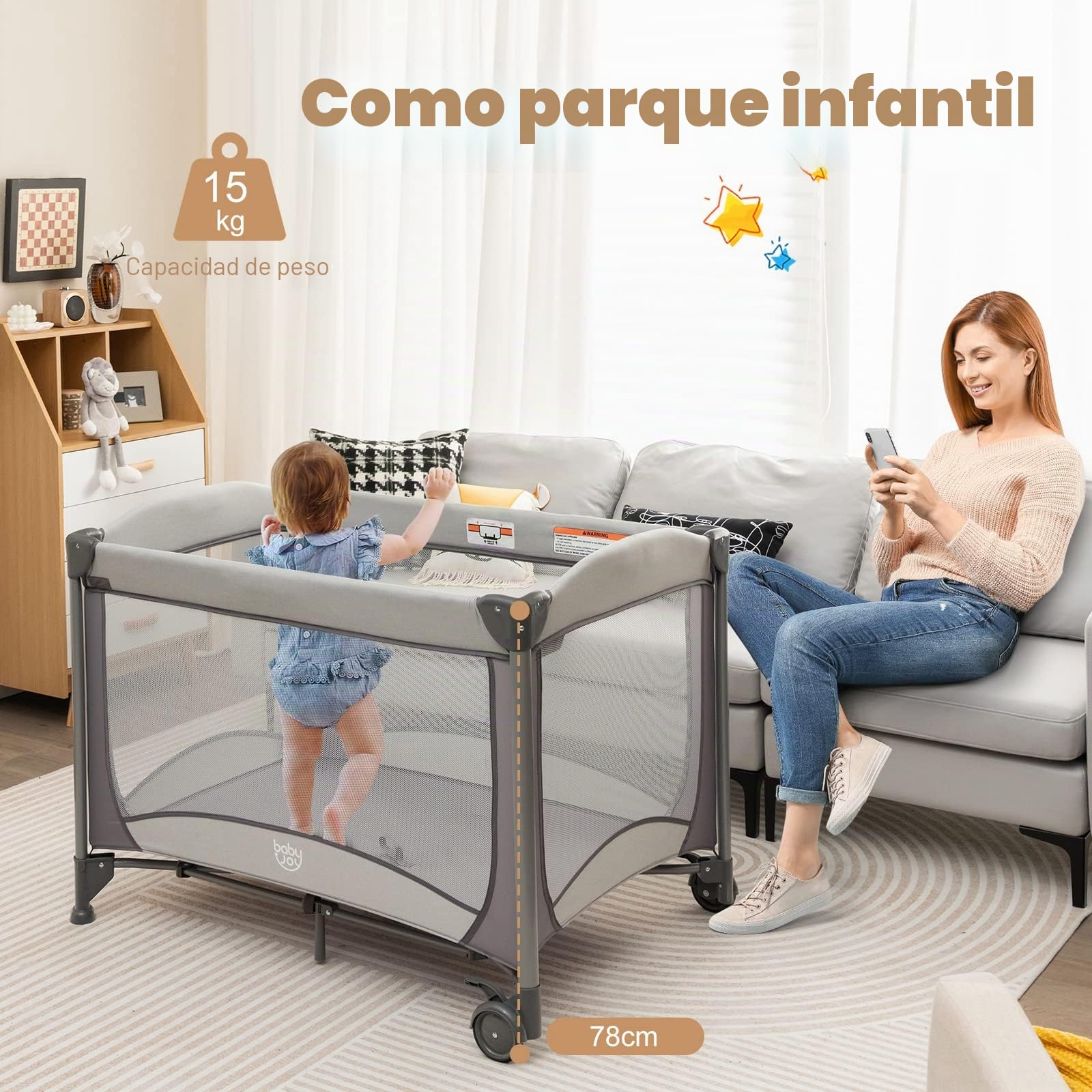 GOPLUS Cuna de viaje 5 en 1 con cambiador, colchón grueso, cama de viaje plegable para bebé con paredes laterales ventiladas, bolsa de transporte, cuna con dosel, parque para bebés de 0 a 36 m (gris)