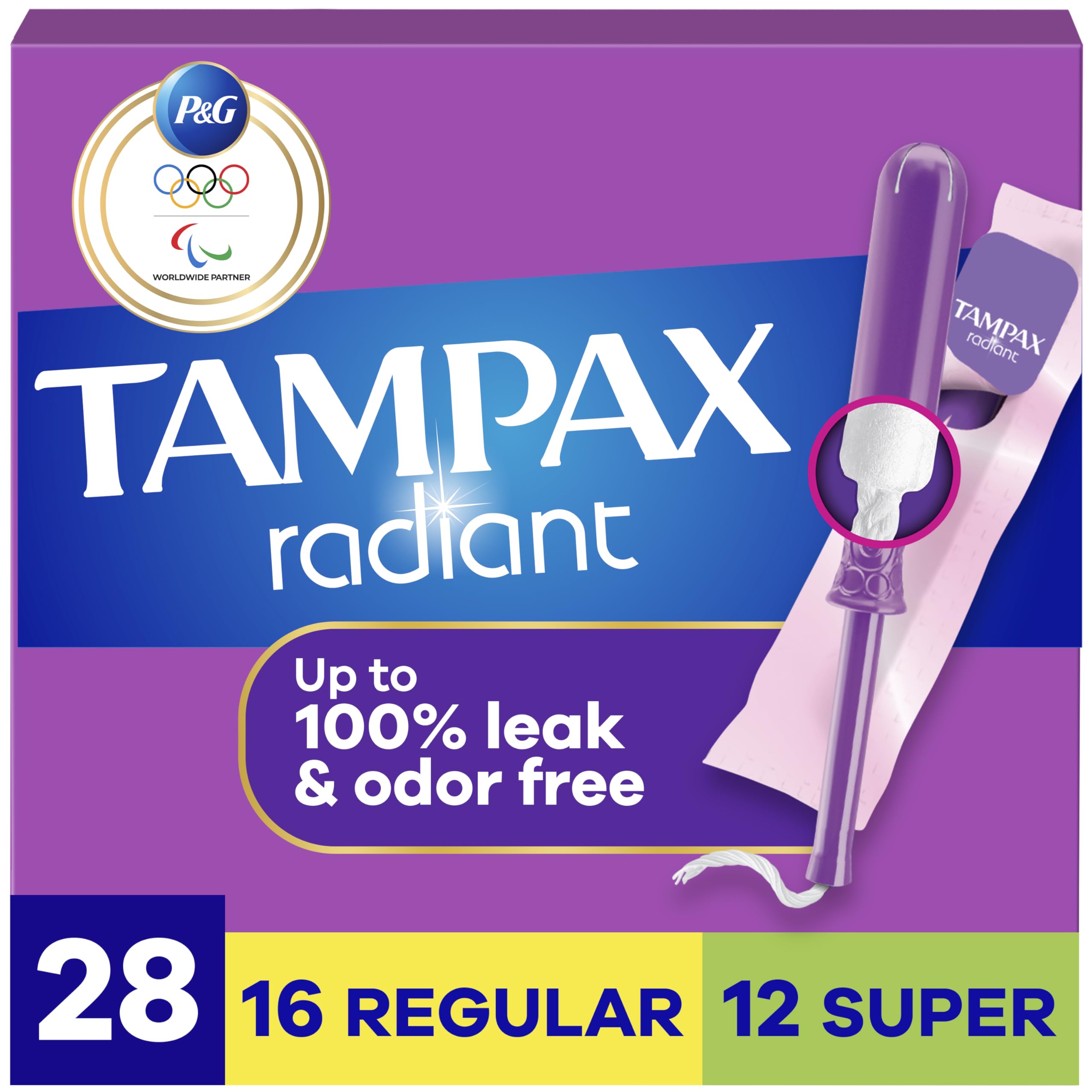 Radiant Tampons for Women Multipack, with LeakGuard Braid, Regular/Super Absorbency, Unscented, 28 Count