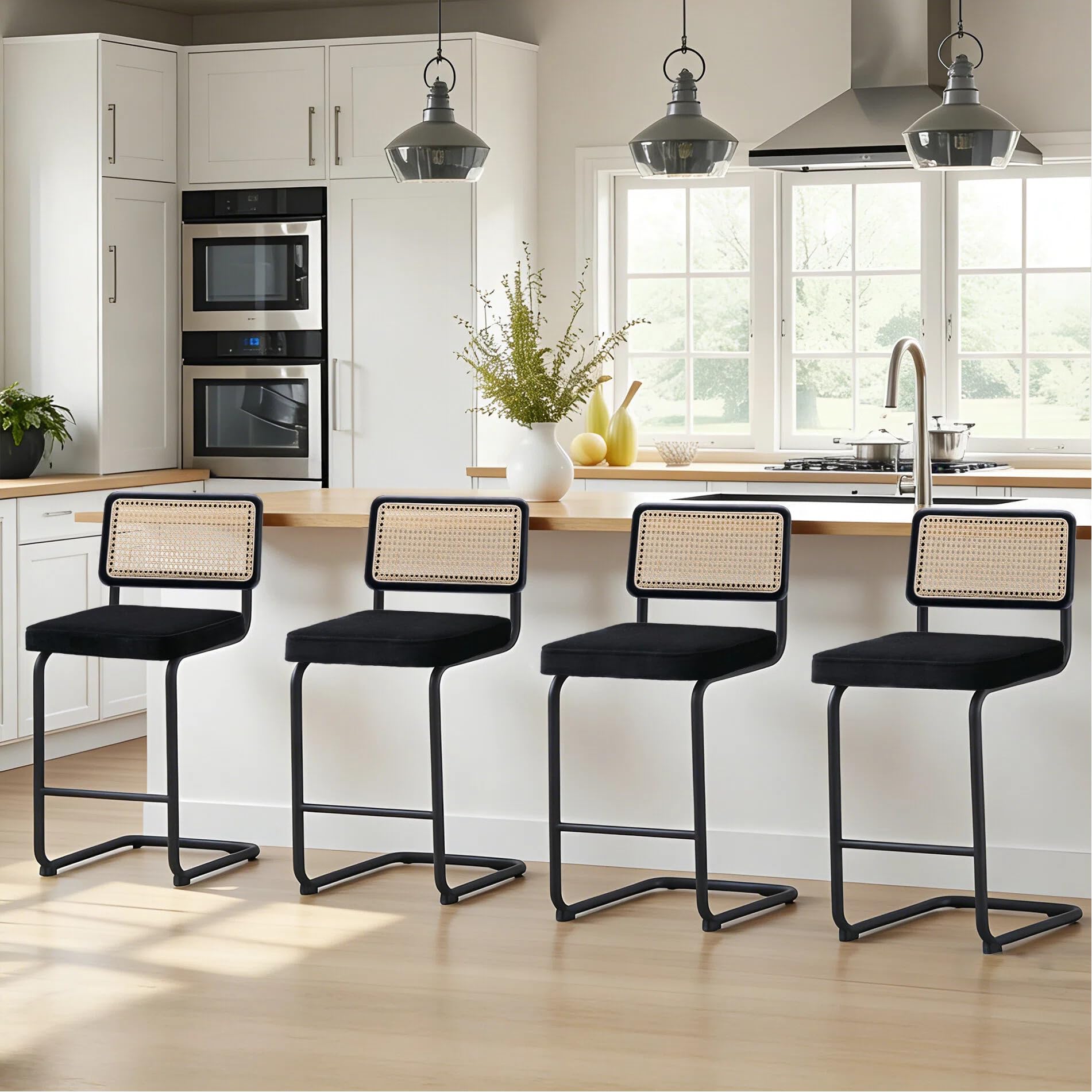 Zesthouse Natural Rattan Counter Stools Set of 4, 26" Modern Boho Barstools