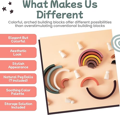 Miniatura 7 de Impresionante paquete de tres juegos de calidad Boho Montessori. Incluye 2 apiladores de arcoíris, 7 muñecas de clavija de madera y práctico